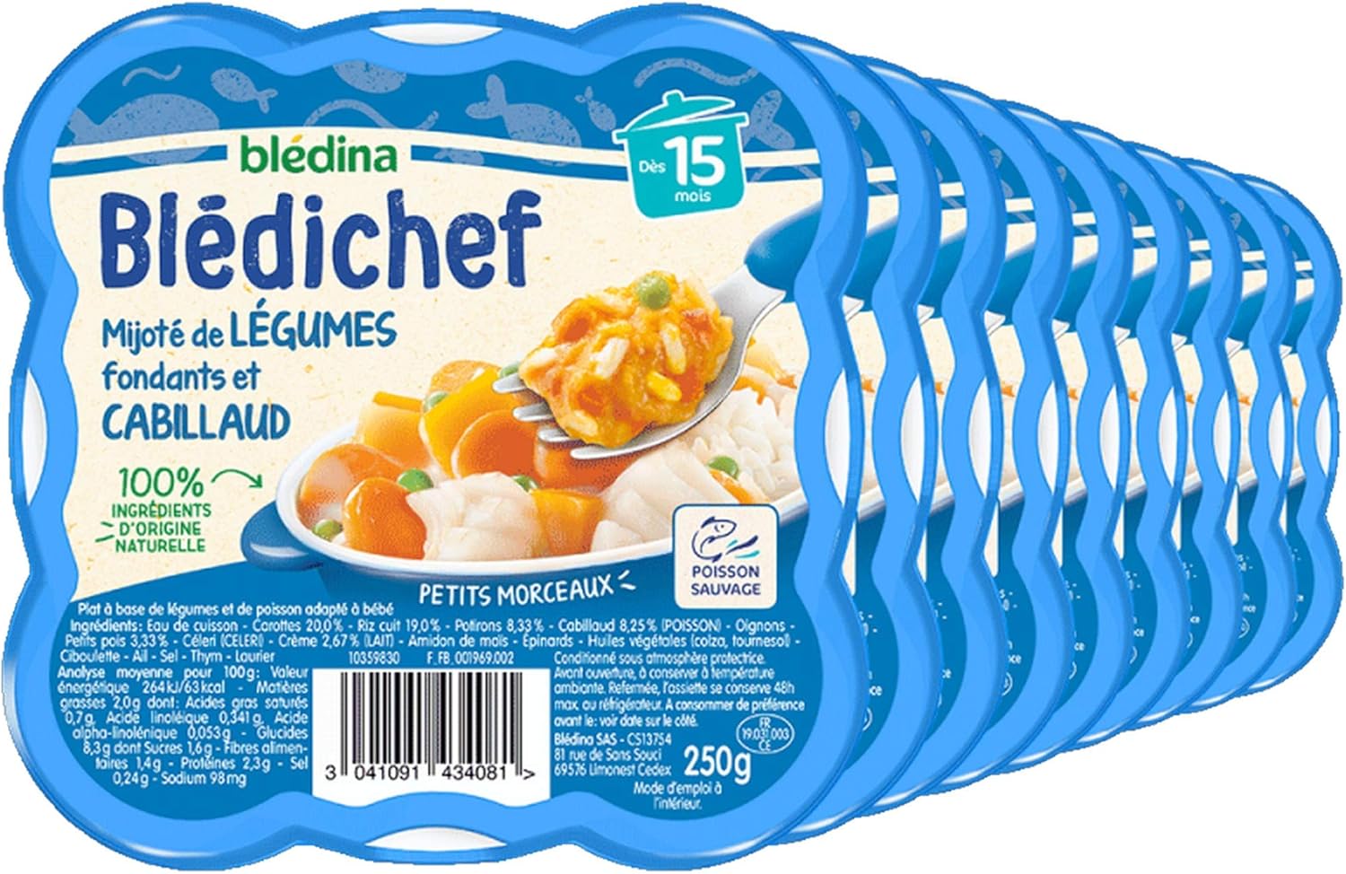 Detalle de Blédichef Repas Bébé 15 Mois – 9 Plats Légumes Cabillaud, Morceaux Utlisés dans une Assiette Réutilisable