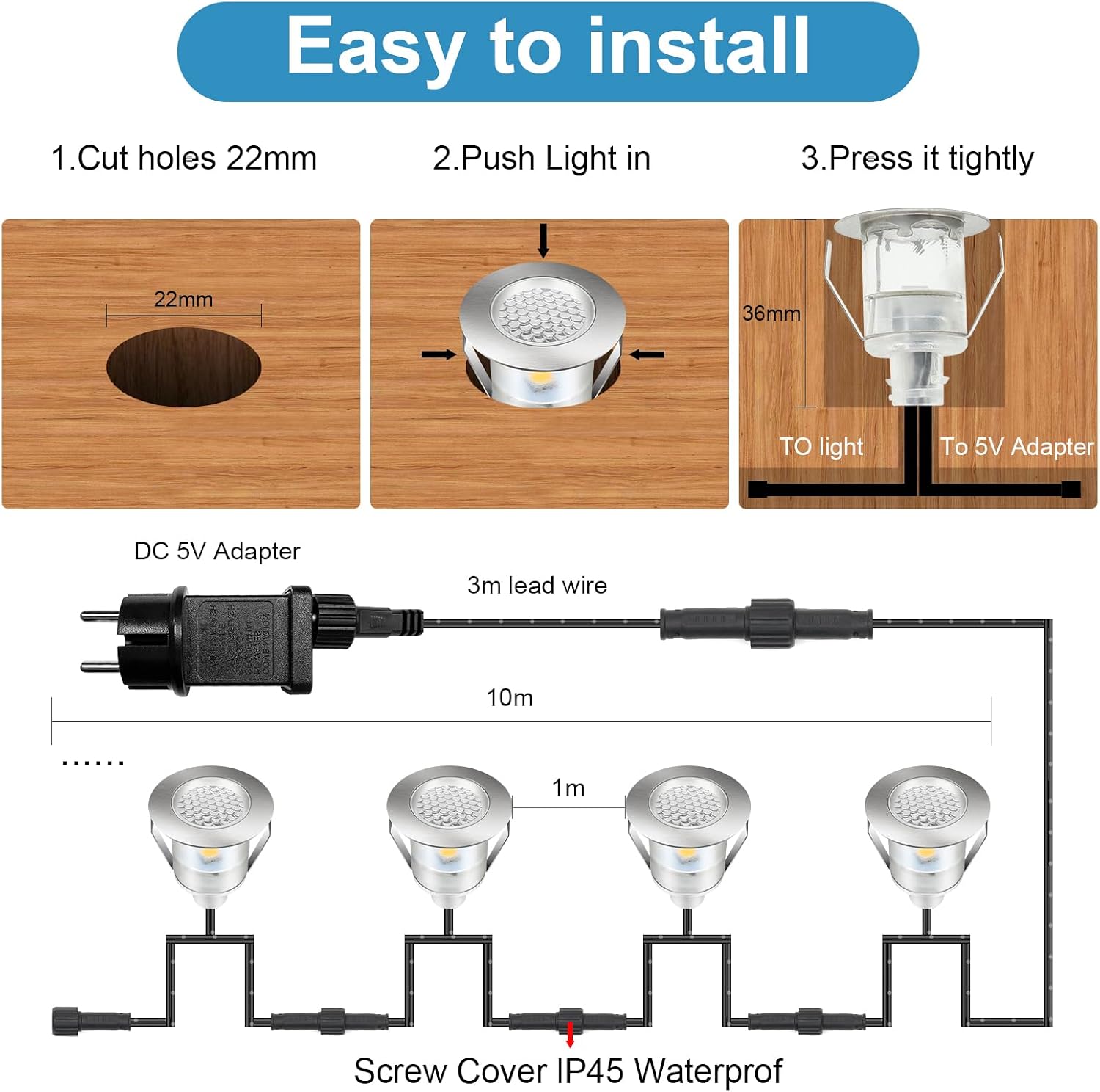 Thumbnail 3 de Bigzom infällda LED-spotlights för utomhusbruk, 10-pack, varmvit IP67