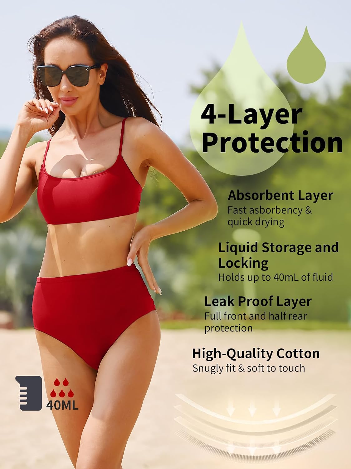 Detalle de feitycom period swimwear high-waisted leakproof bikini bottoms for teens and women