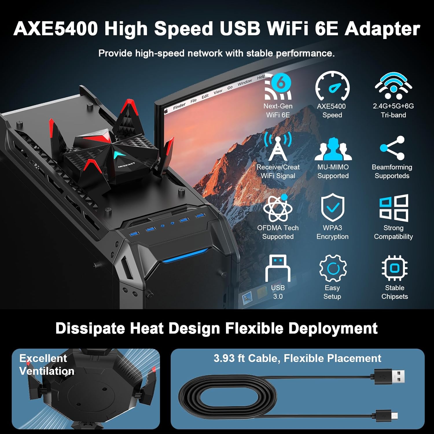 Thumbnail 2 de NEWFAST AXE5400 USB 3.0 WiFi 6E Dongle with Gigabit Wi-Fi (6G/5G/2.4G) for Windows 10/11