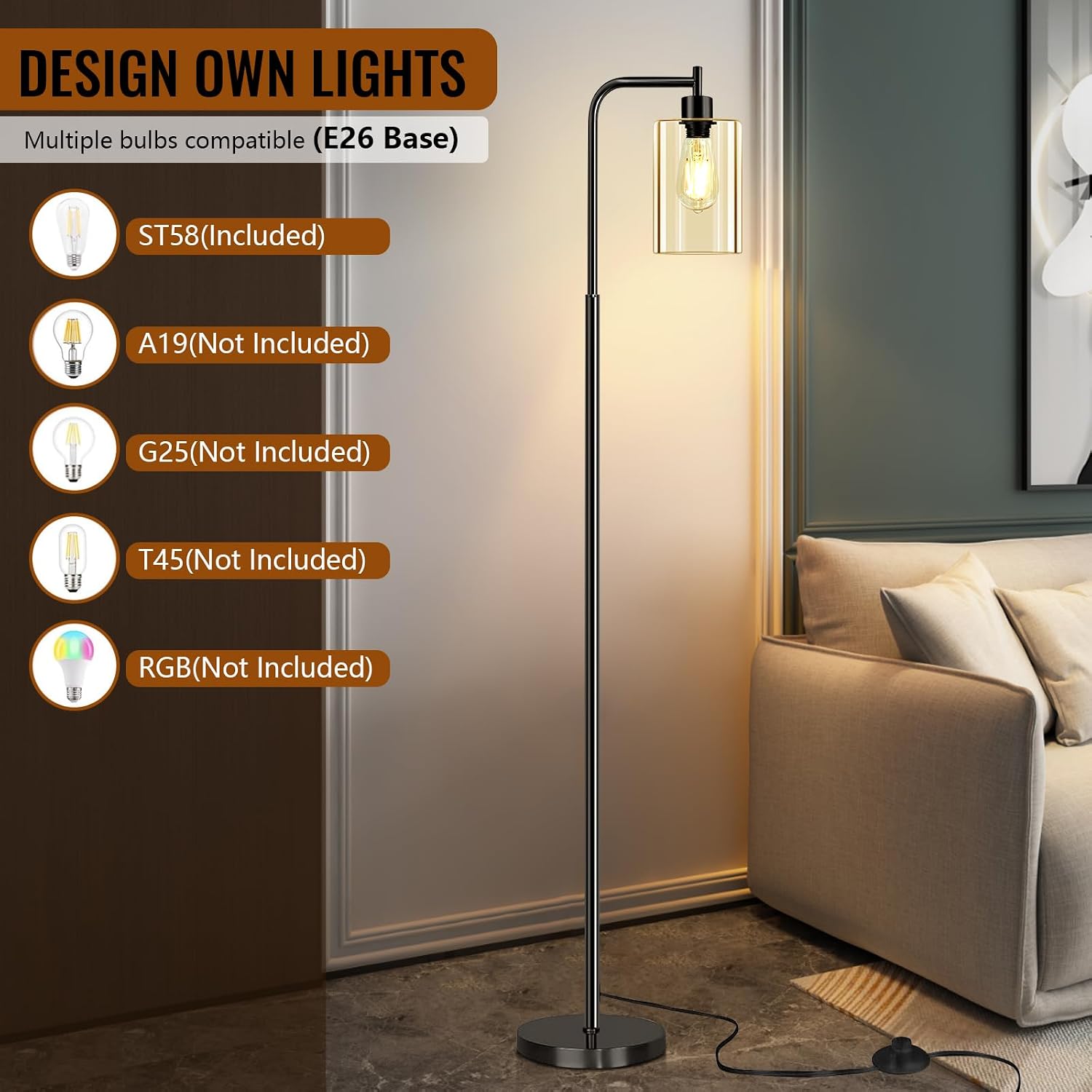 Thumbnail 3 de Lanburch XLGZ-L1-002BK Floor Lamp with Clear Glass Shade and Foot Switch