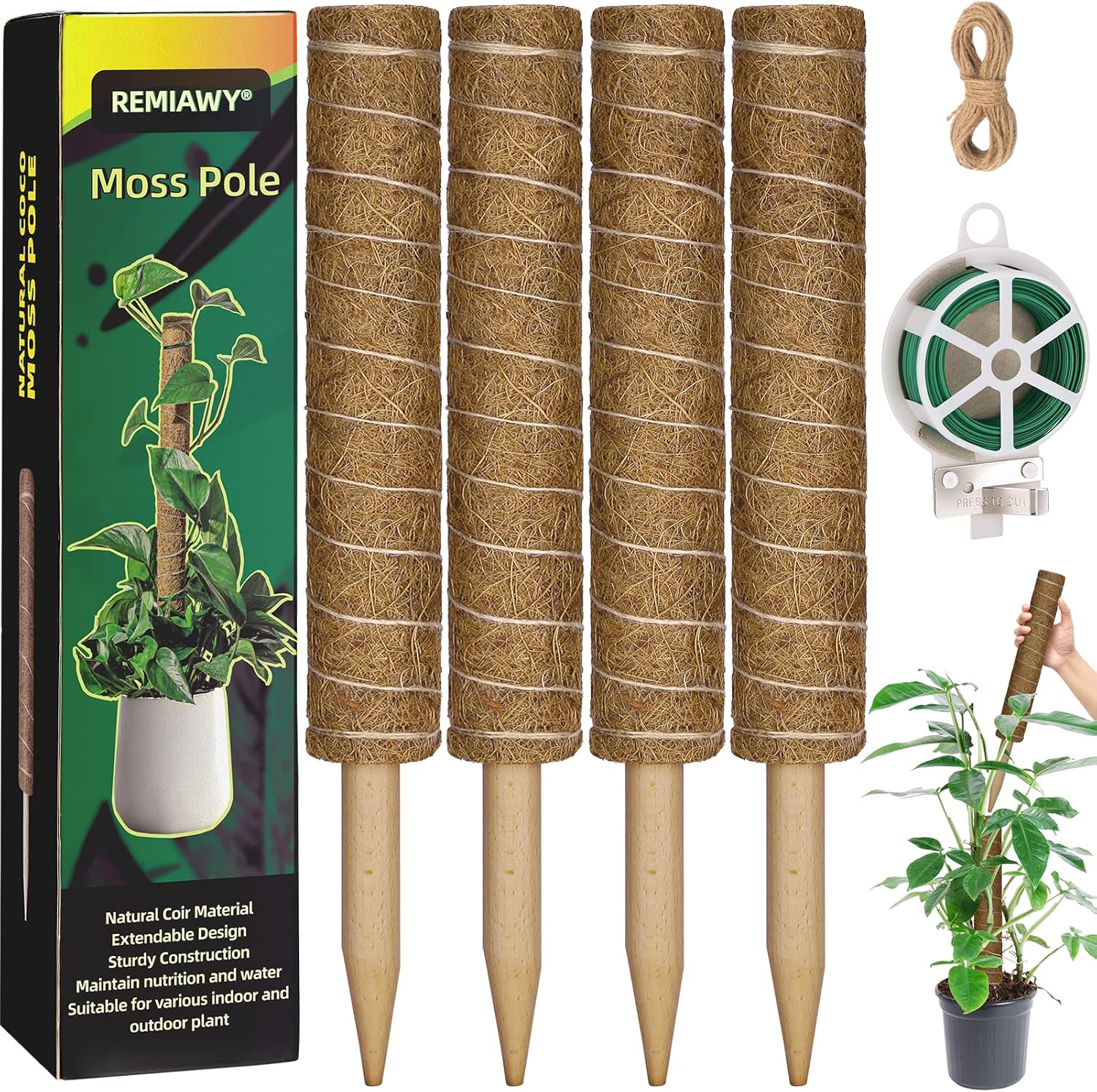 Detalle de Moss Pole 56 Inch 142cm | 4 Pack Coir Moss Poles for Monstera & Climbing Houseplants