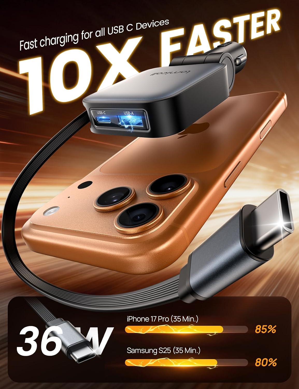 Thumbnail 1 de Lamicall 3-IN-1 Retractable Car Phone Charger – 63W, 12V/24V with Retractable Type-C Cable