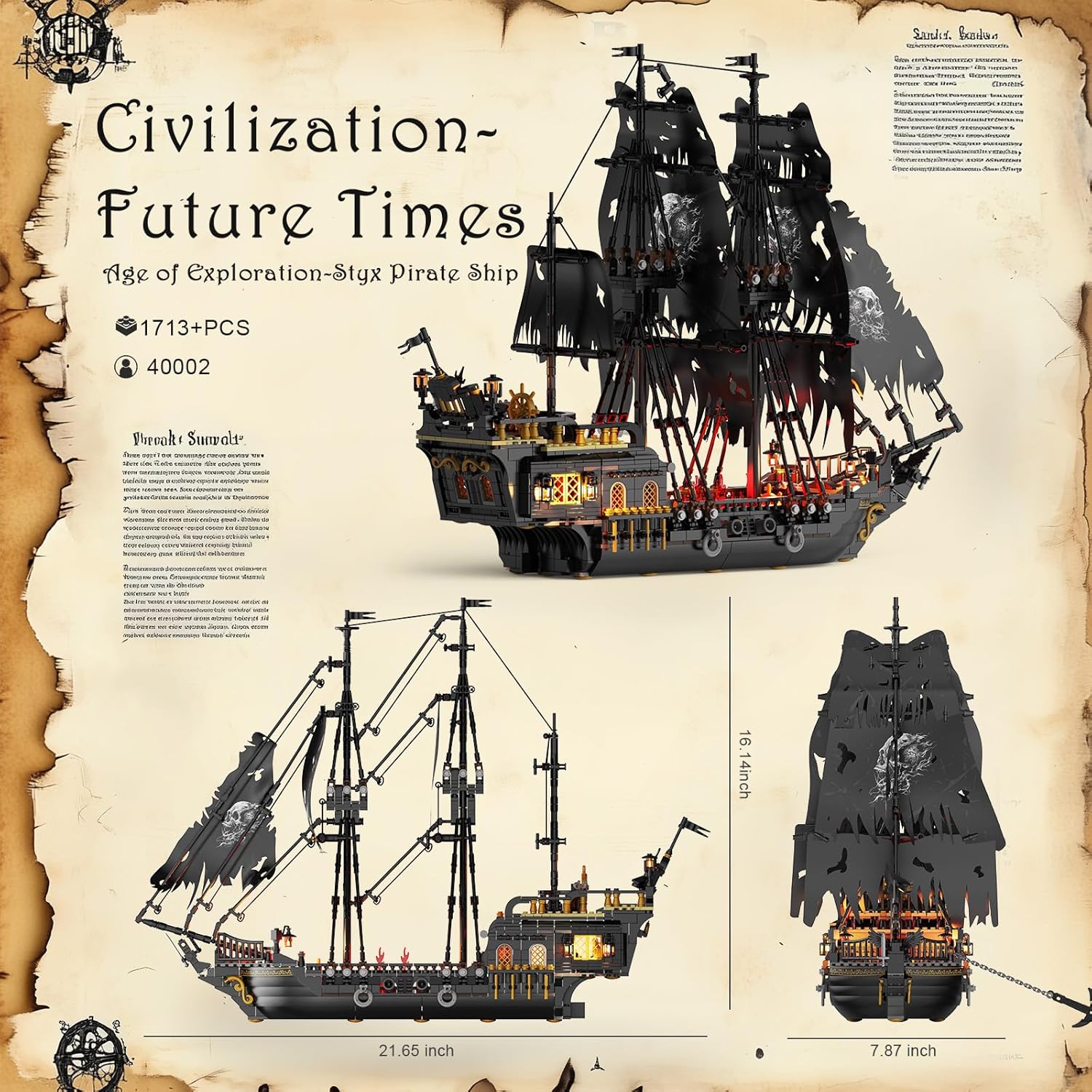 Detalle de JMBricklayer Pearl Pirate Ship with Lights (1713 PCS) — Black Ship Model Kit 40002