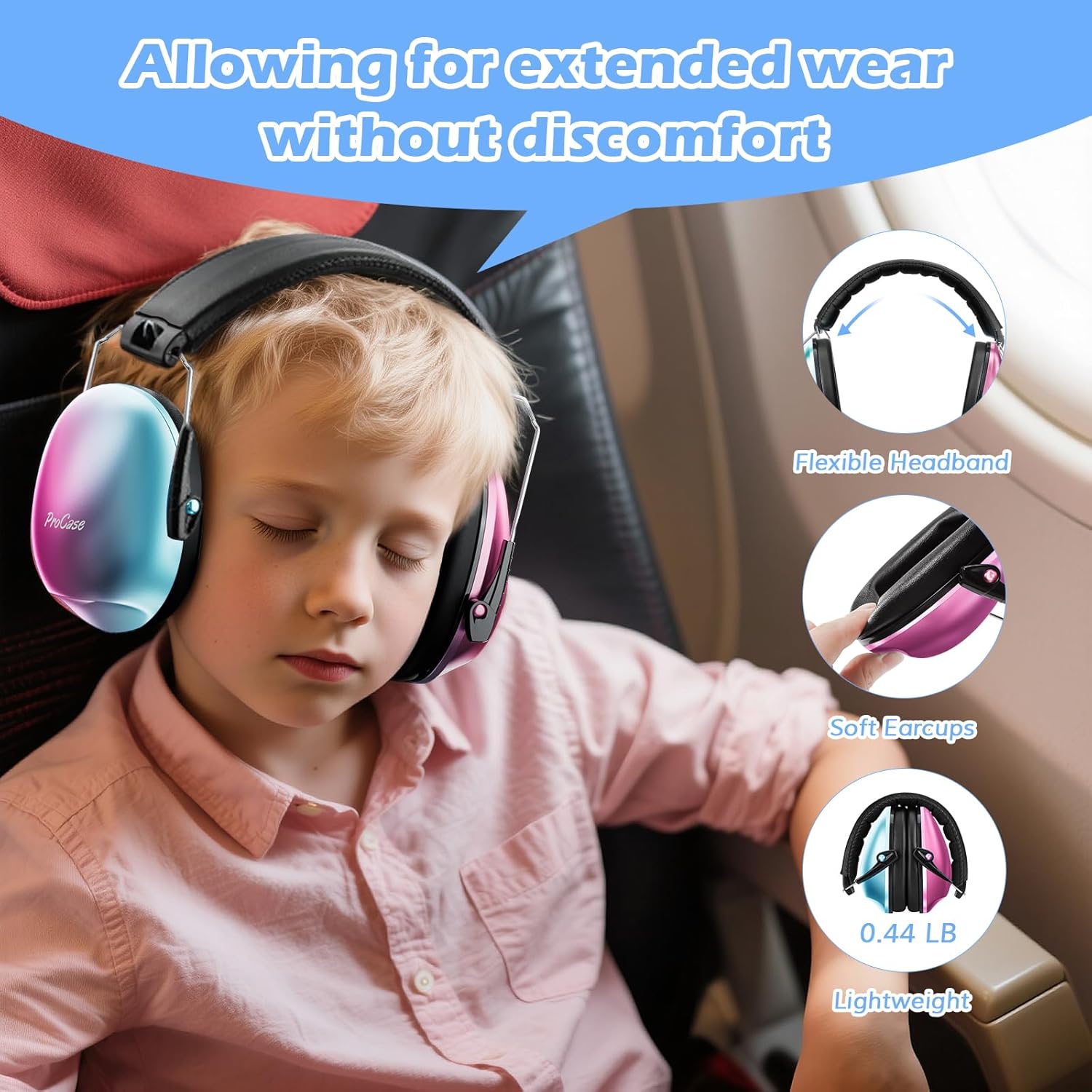 Detalle 2 de ProCase Kids Noise Cancelling Headphones with 24dB NRR (BluePink)