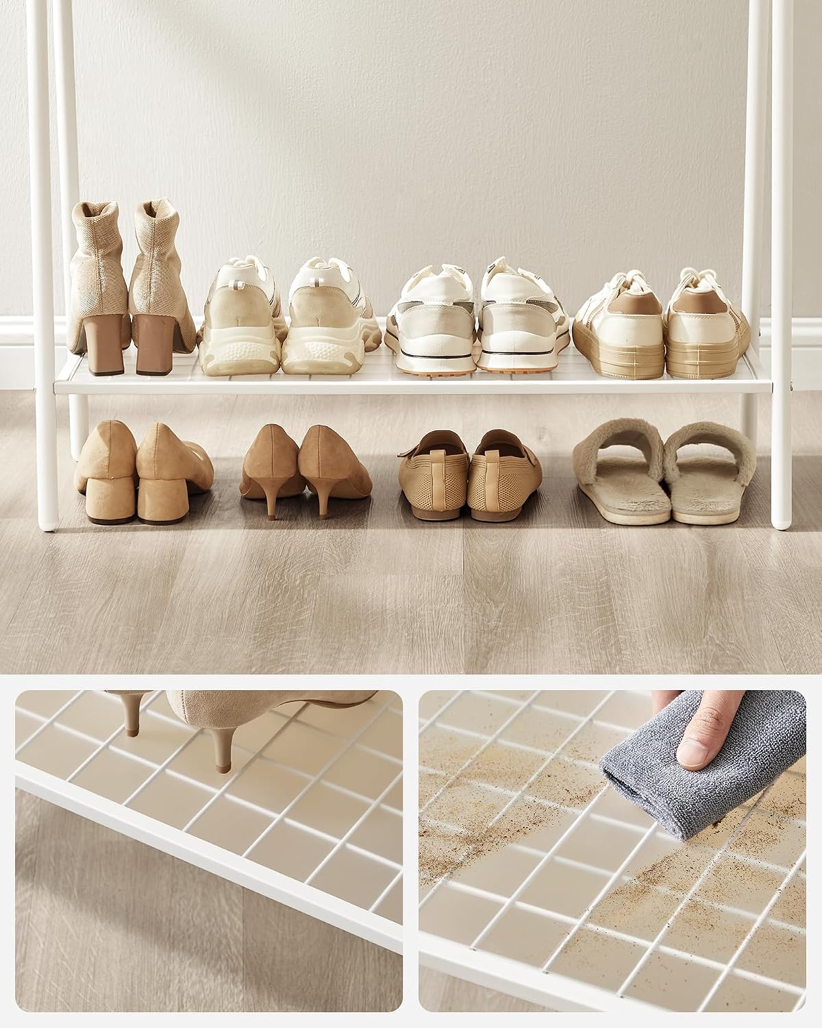Detalle 2 de SONGMICS 777HSR023W01 kledingrek met schoenenplank, mat wit