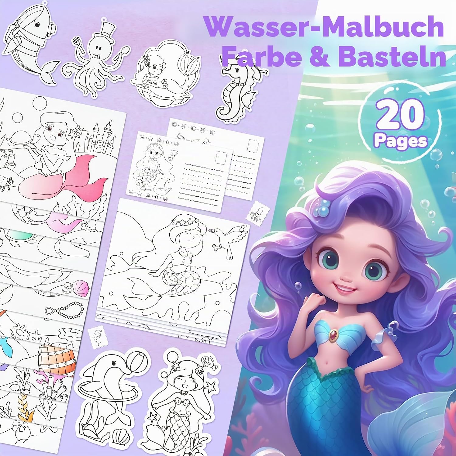 Detalle 2 de JoyCat Malbuch mit Wasserfarben für Kleinkinder ab 3–8 Jahren (Lila) – 3-in-1 Aquarellset mit 20 Unterwasserwelt-Seiten