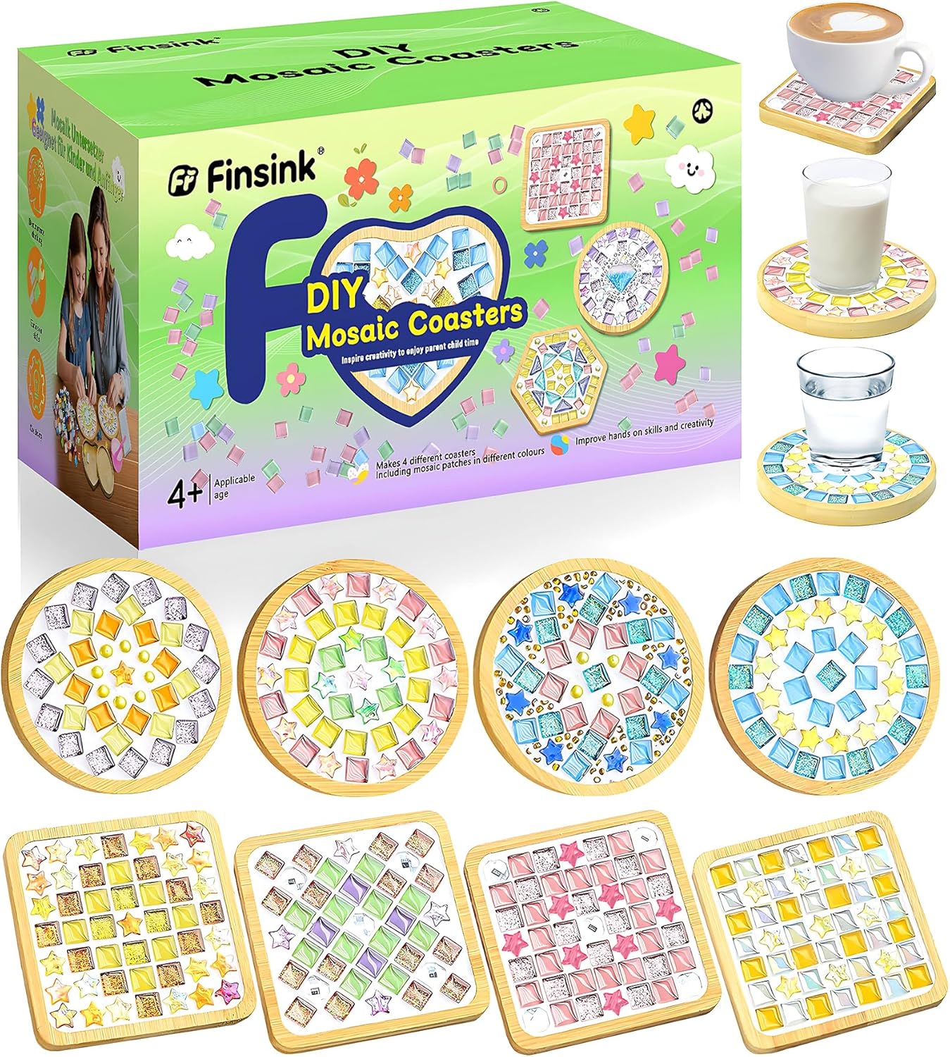 Detalle de Finsink Mosaik Bastelset Kinder – 8 Stück Holzuntersetzer, Mosaiksteine & DIY Zubehör