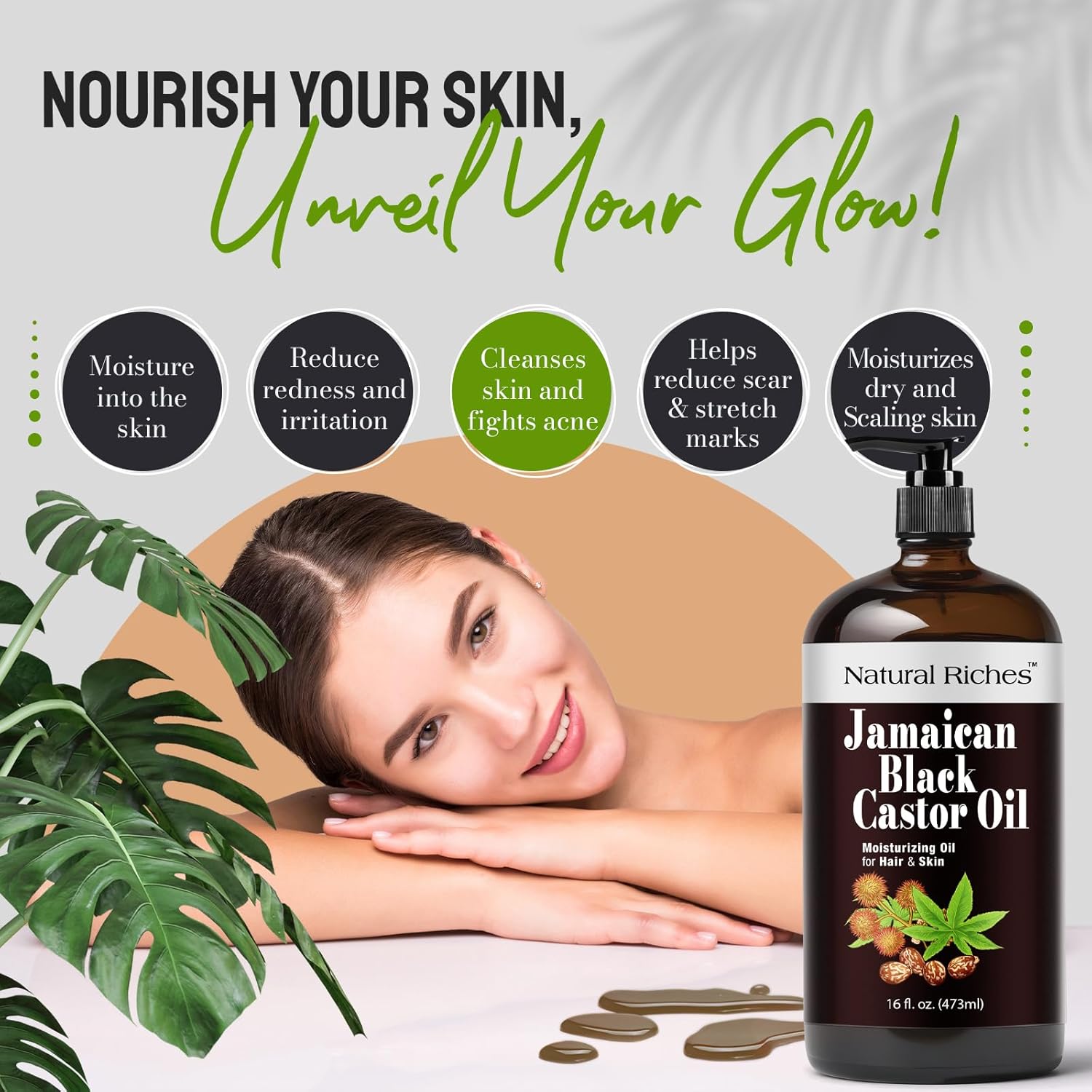 Thumbnail 5 de Natural Riches Jamaican Black Castor Oil (16 fl. oz) in Glass Bottle, Organic Cold-Pressed for Hair, Skin, Lashes, Brows & Scalp