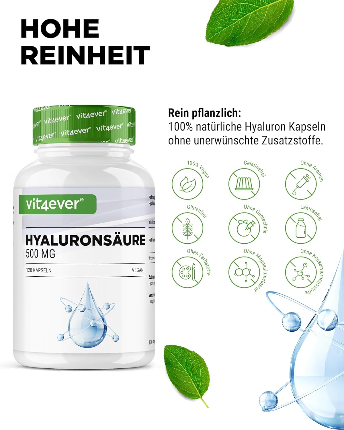 Detalle de vit4ever Hyaluronsäure - 120 Kapseln mit 500 mg Hyaluron für 4 Monate - 500-700 kDa - Aus pflanzlicher Fermentation - Ohne unerwünschte Zusätze, hochdosiert, vegan
vit4ever Hyaluronsäure - 120 Kapseln mit 500 mg…