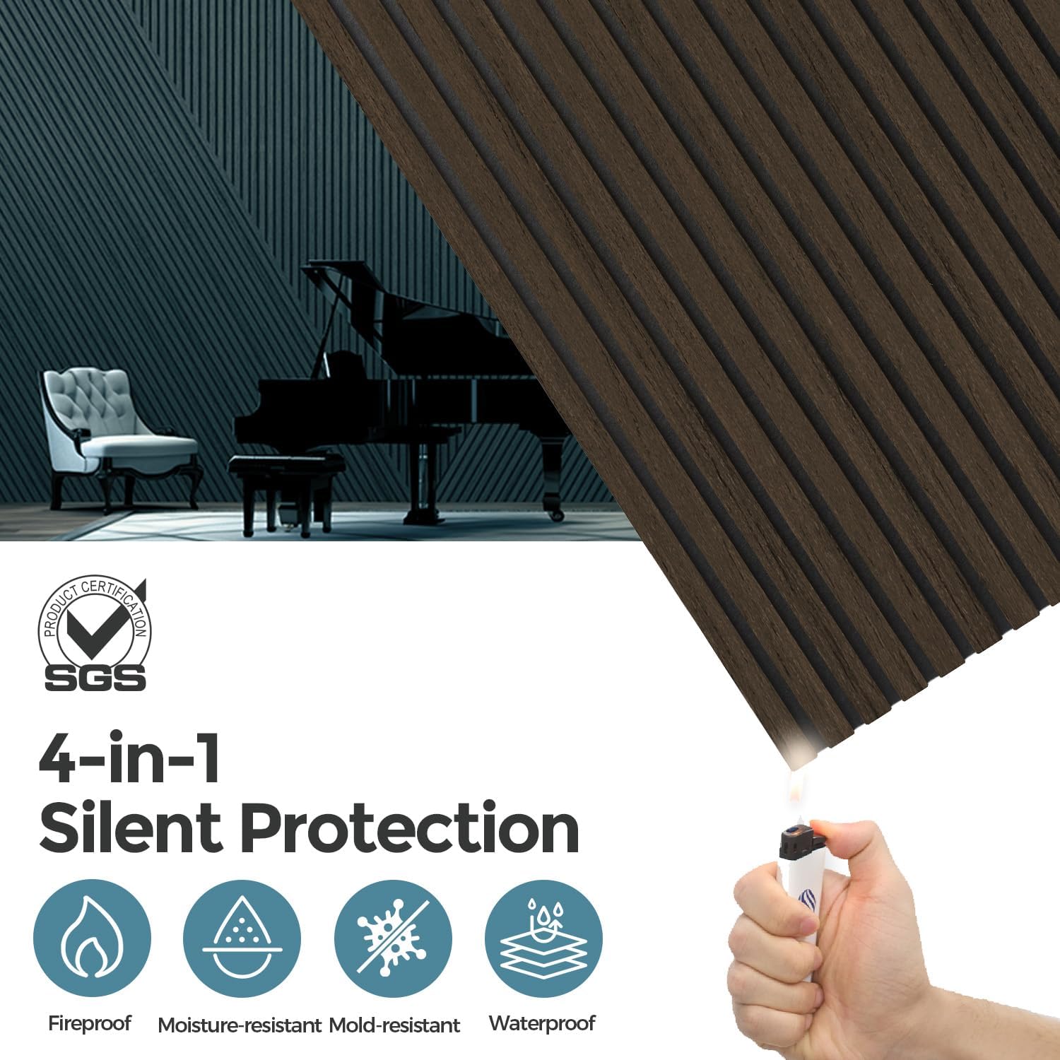 Detalle de AKUMAX 3D01 Wood Slat Acoustic Wall Panels, Black Walnut, 2-Pack