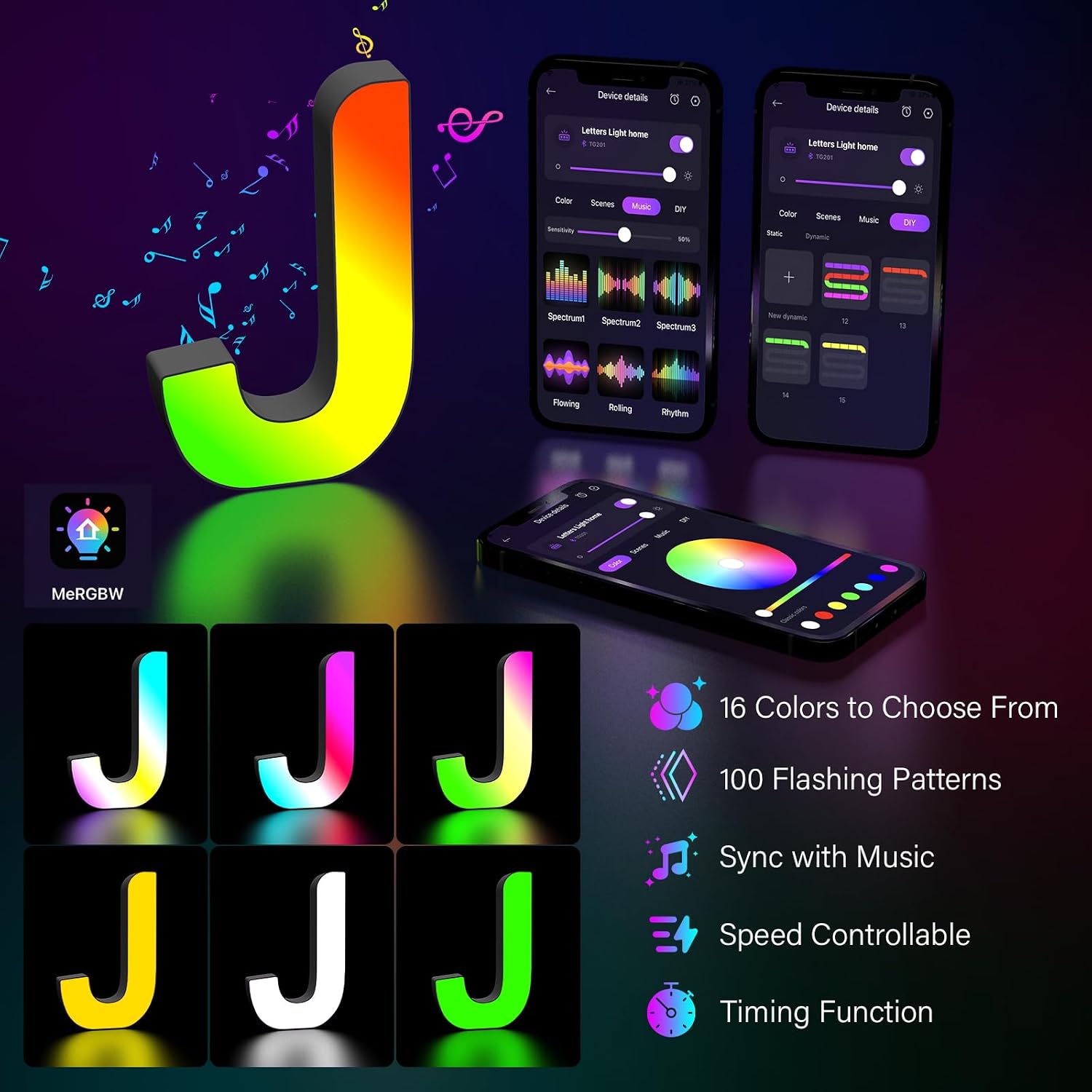 Detalle de LED Buchstaben Lichter Alphabet – Leuchtbuchstabe J mit APP-Steuerung, USB-Netzteil, dimmbar und farblich veränderbar
