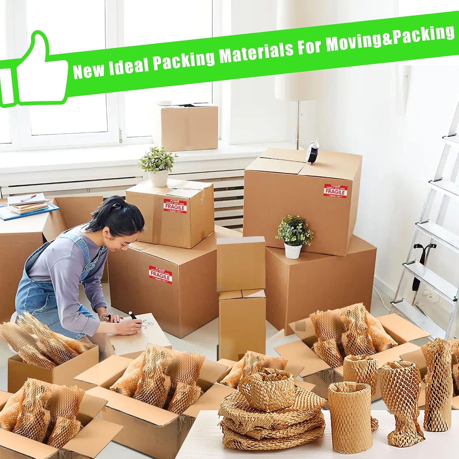 Thumbnail 4 de MINHAO Brown-S1 Honeycomb Packing Paper Roll, 15" x 165', 36 Fragile Labels