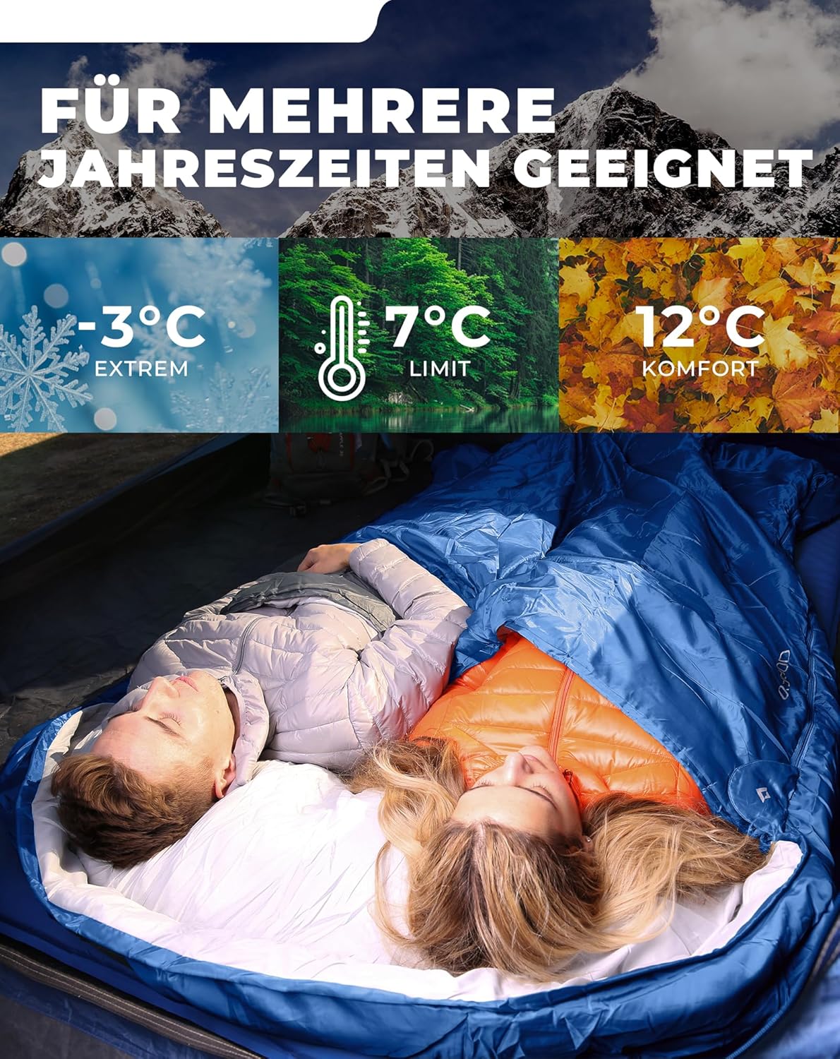 Thumbnail 2 de KingCamp Deckenschlafsack Doppelschlafsack (220x150 cm) mit 2 Kissen – ideal für Familien & Camping