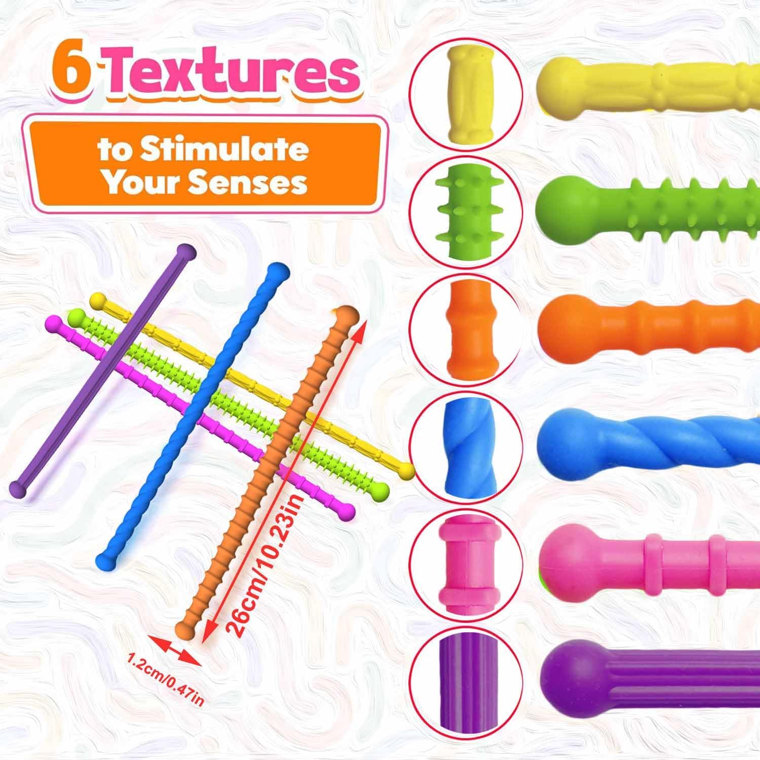Detalle 2 de Bambebe Set di 6 Giochi Antistress Sensoriali: Bastoncini Tattici Calmanti per Autismo, ADHD e Ansia