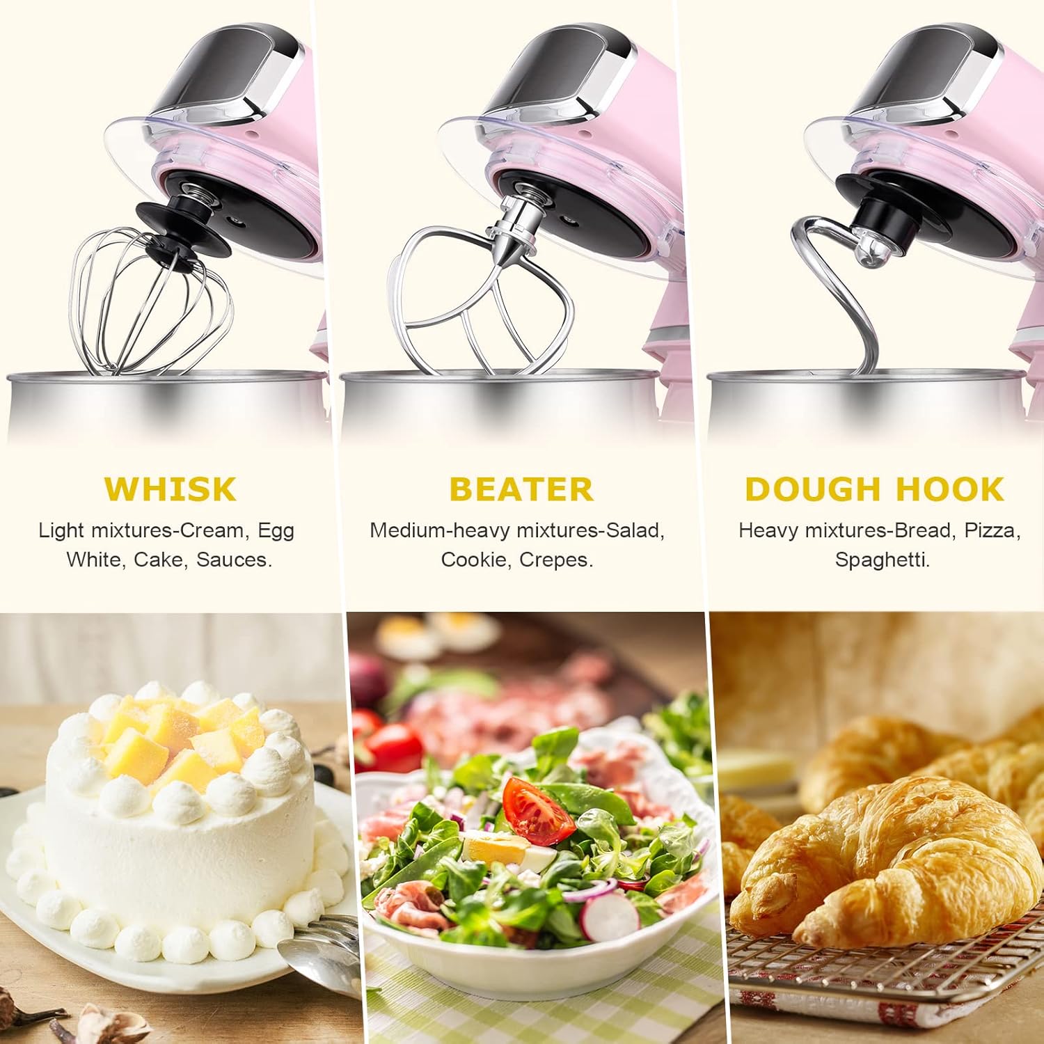 Thumbnail 3 de Kitchen in the box Stand Mixer (3.2Qt) – Compact Electric Food Mixer with 6 Speeds, Tilt-Head, Dough Hook, Whisk, Flat Beater (Pink)