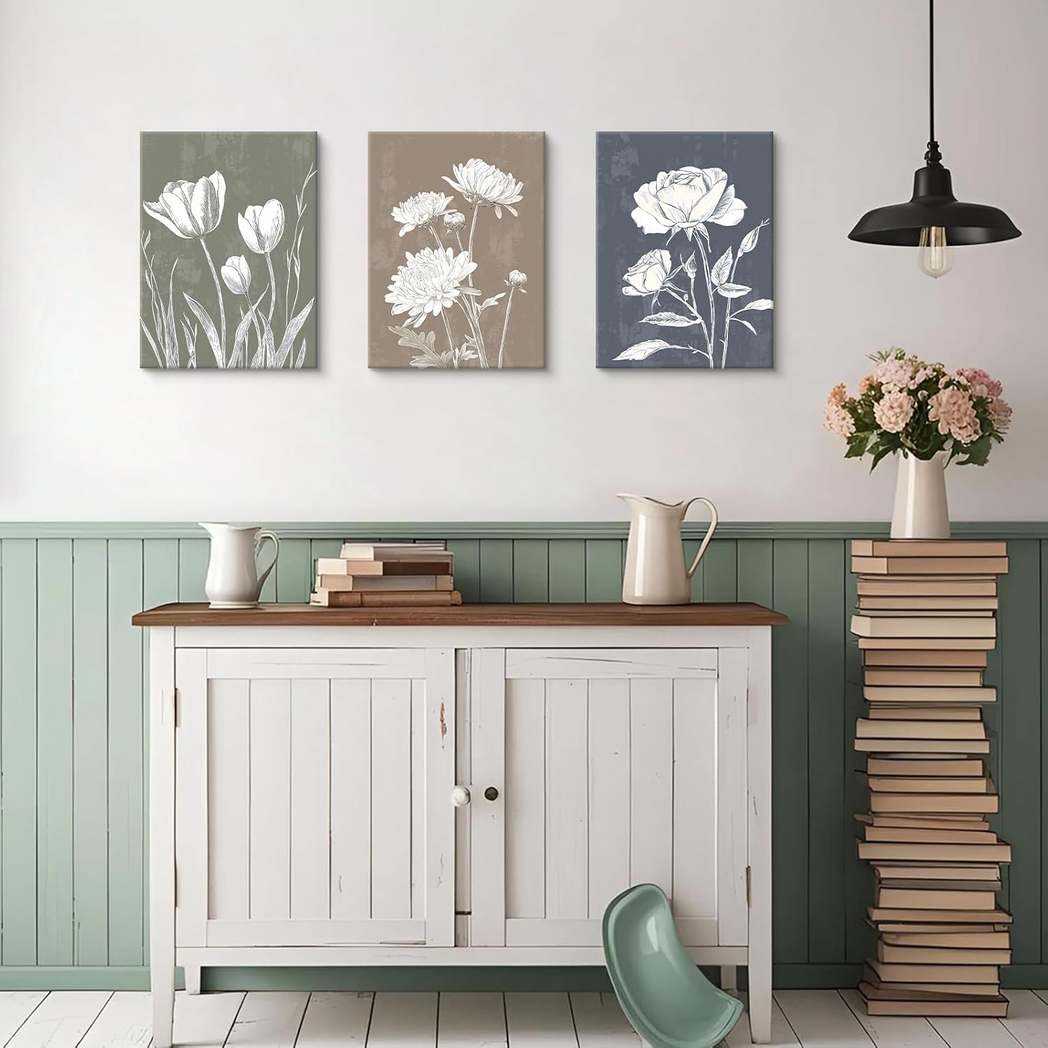 Thumbnail 3 de 3-teilige Boho-Wandbild-Set (Weiß, botanisch, blau/grün/lila) auf Leinwand mit Massivholzrahmen, 30x40 cm je Bild