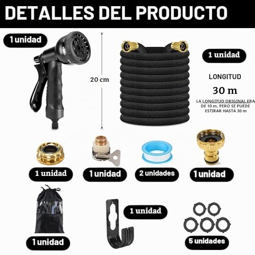 Detalle de Manguera de jardín extensible RURIZHONGTIAN 30 m con boquilla multifunción de 8 modos y conectores 1/2" y 3/4