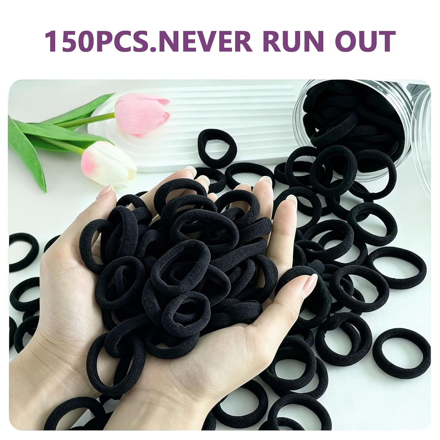 Detalle 1 de CZZXI 150ct Black Nylon Hair Ties, Seamless 1.6 x 0.31 in
