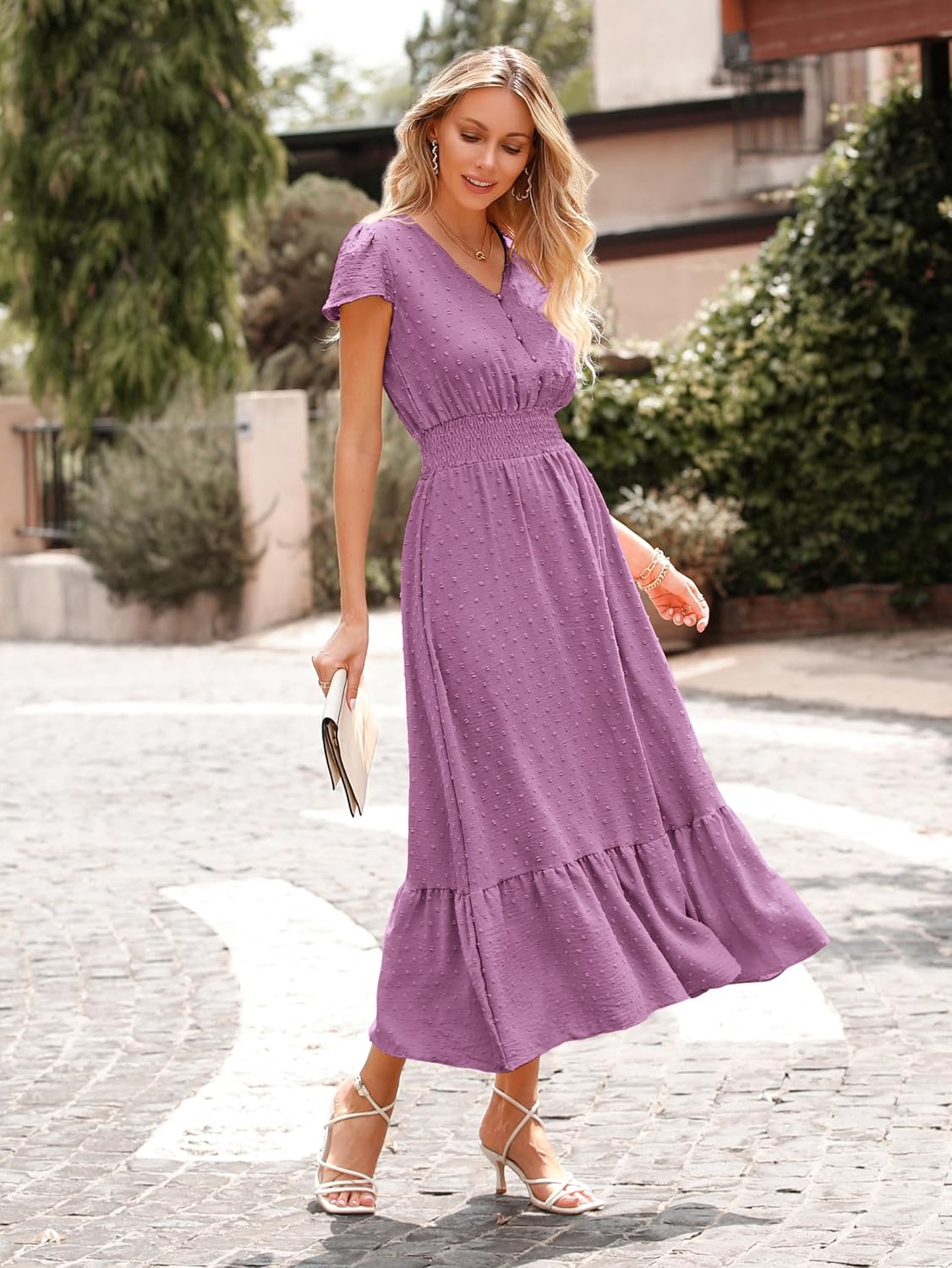 Detalle de PRETTYGARDEN Boho Swiss Dot Maxi Dress for Women (V Neck, Ruffle Hem, Smocked Waist)