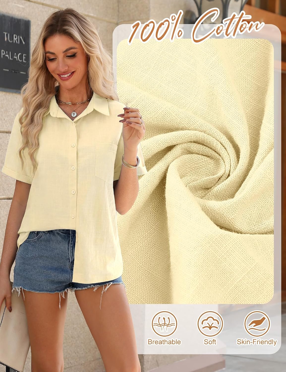 Detalle de UMIPUBO Musselin Bluse Damen – Sommerbluse aus 100% Baumwolle mit V-Ausschnitt und Knöpfen
