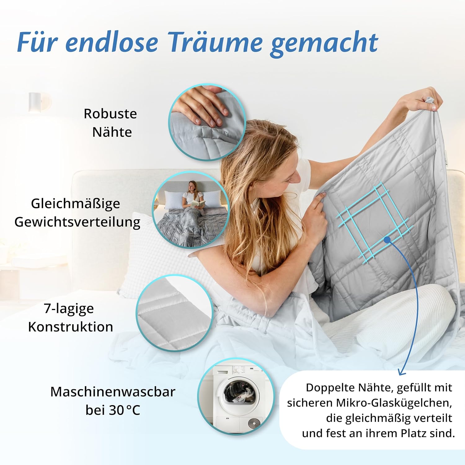 Thumbnail 6 de Ella Gewichtsdecke 135×200 cm, 9 kg – Anti-Stress Therapie-Blanket aus 100% Baumwolle, grau