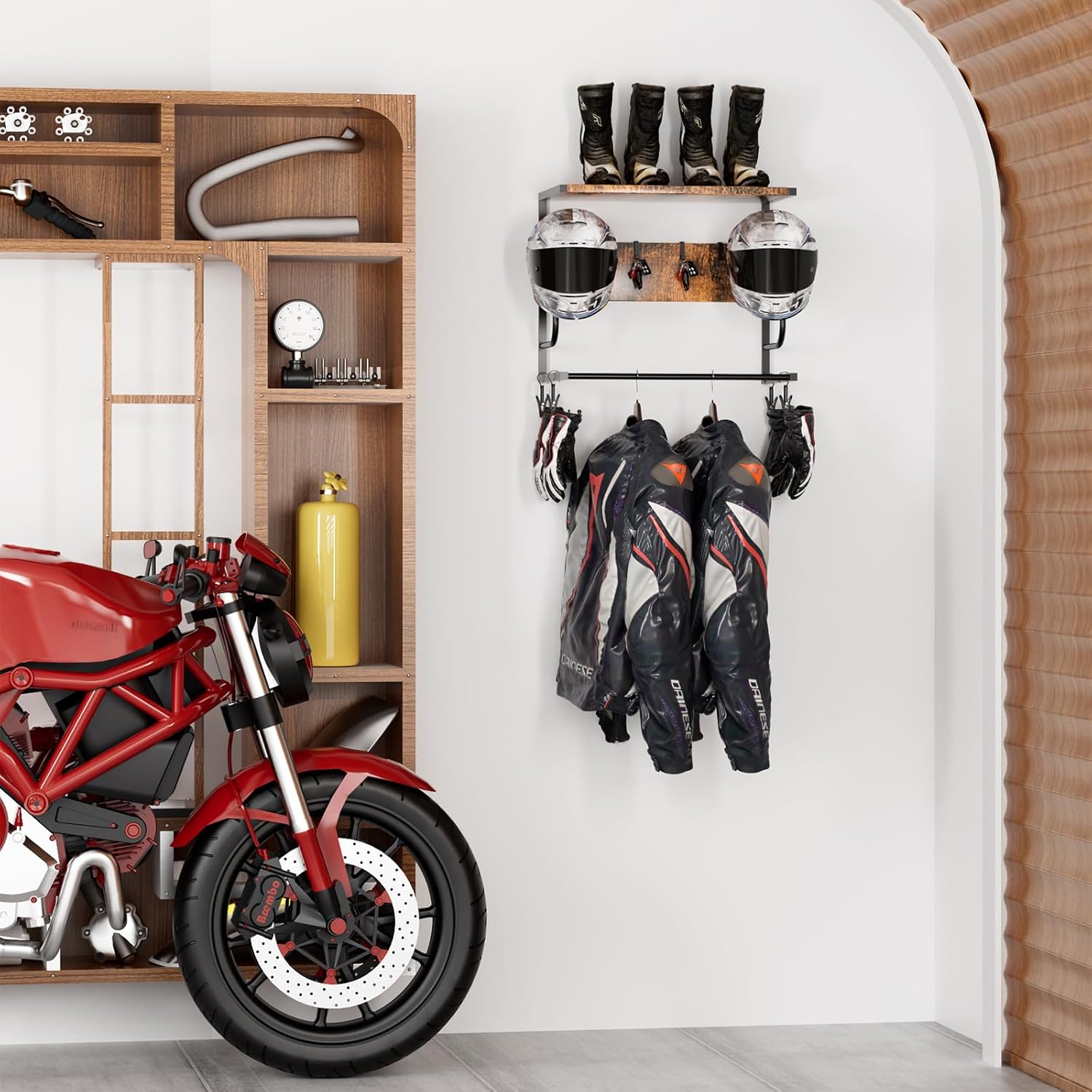 Thumbnail 4 de OMISRUIS Motorcycle Helmet Holder Wall Mounted with Iron & Wood Rack, 4 Glove Clips and 4 Hooks