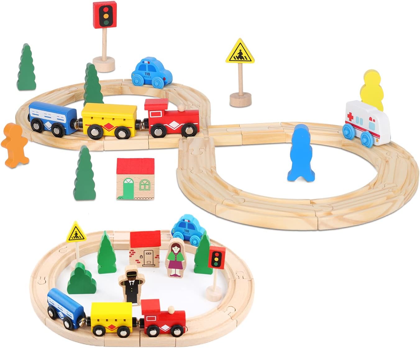 Giocattolo per ferrovia in legno da 33 pezzi per bambini – compatibile con Thomas, Brio e altre marche