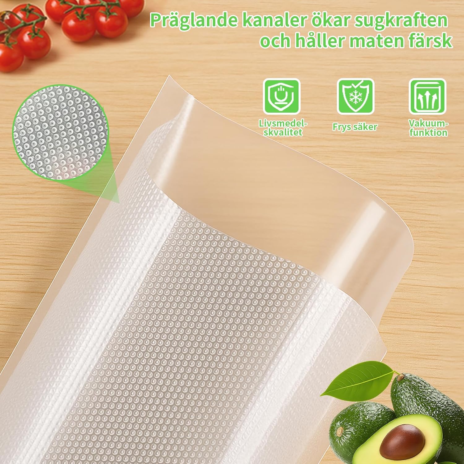 Detalle 1 de MakMeFre 20 × 30 cm vakuumpåsar, präglade och förskurna, 400-pack