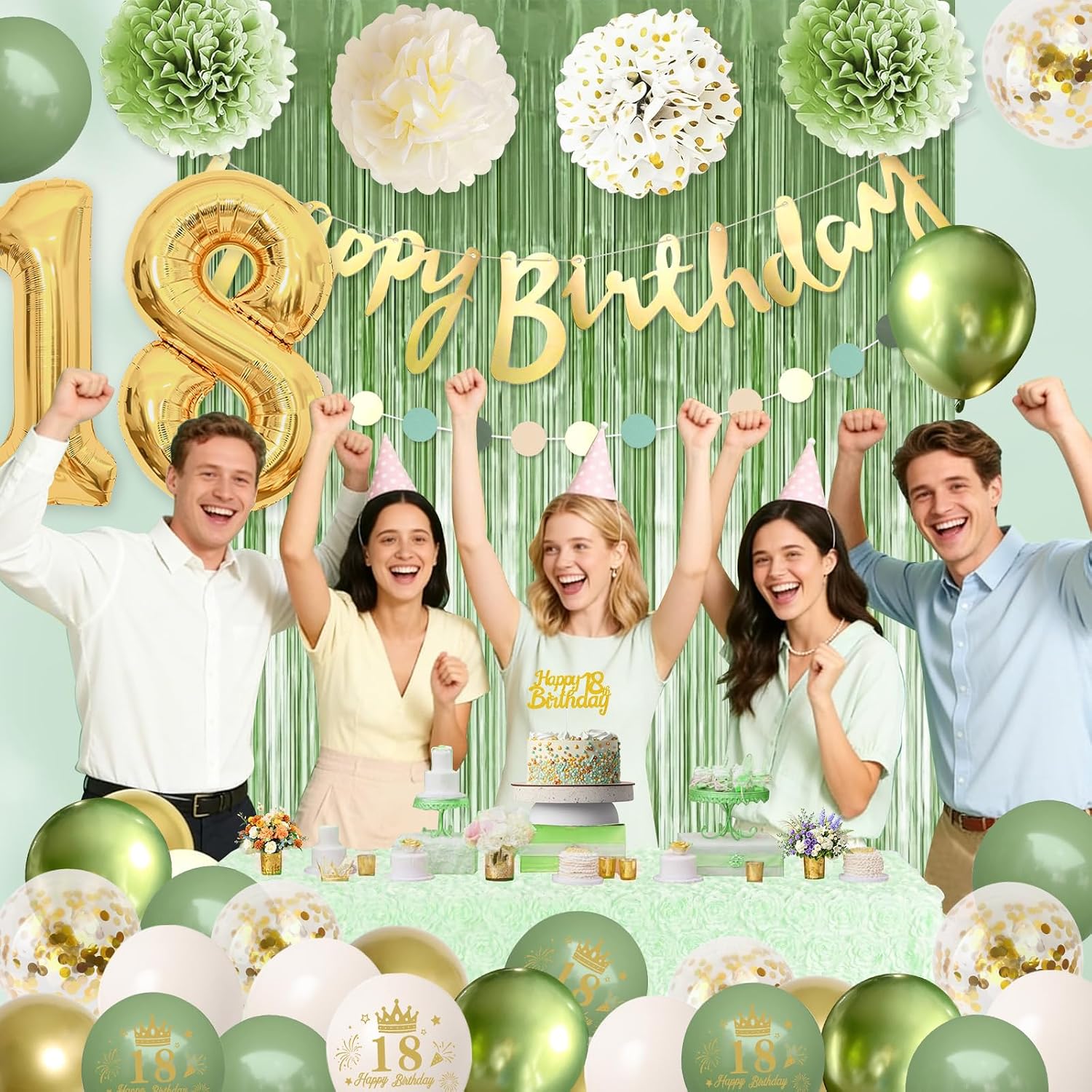 Detalle de 18 Geburtstag Deko Grün Gold Set – Luftballons, Banner, Pompons und Lametta-Vorhänge