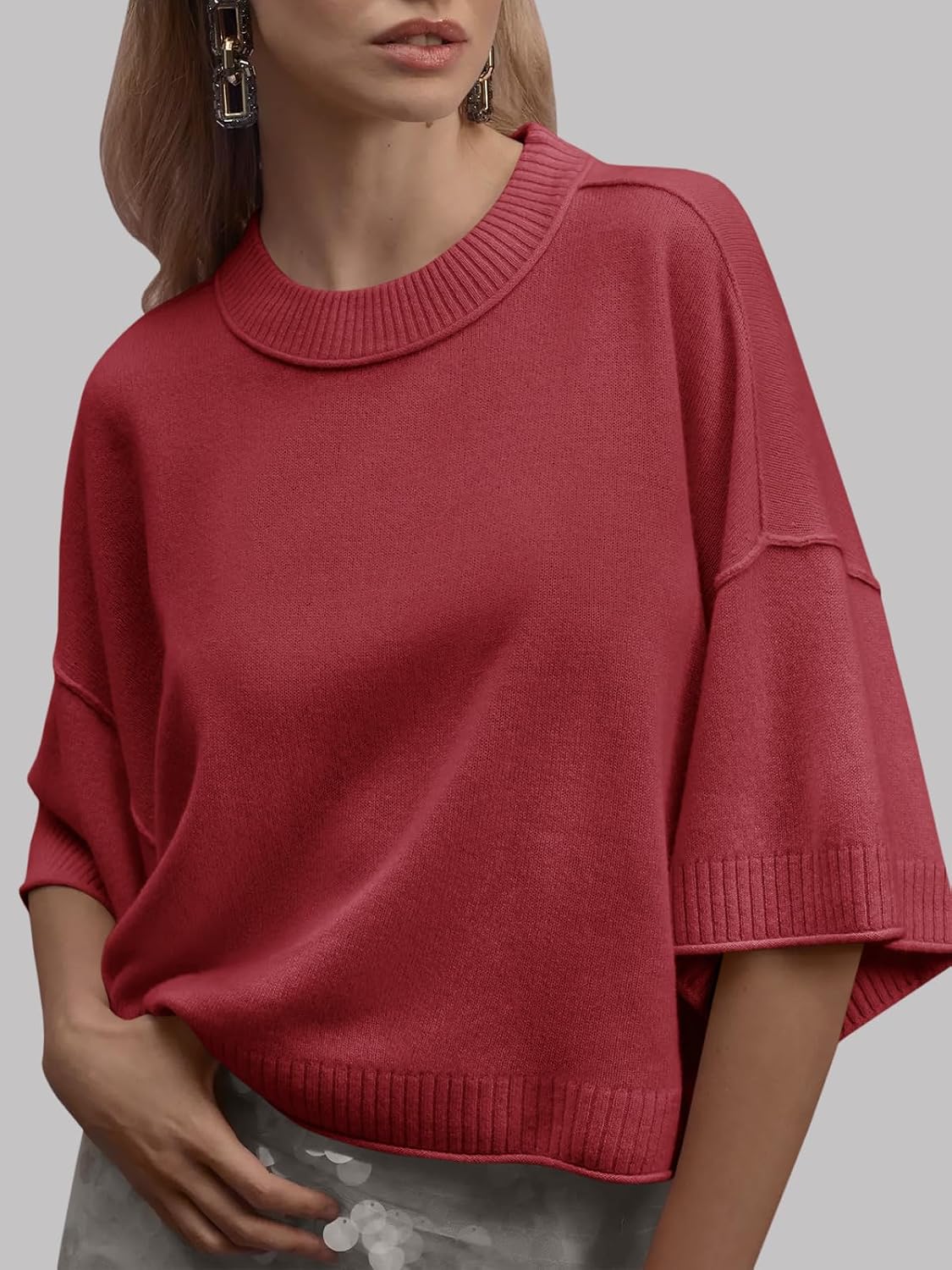 Detalle 2 de Saodimallsu Women's Oversized Cropped Short-Sleeve Knit Sweater, Crew Neck