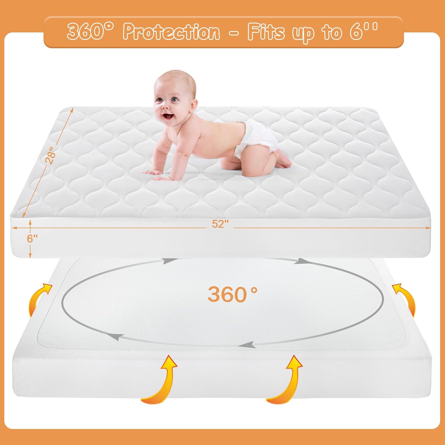 Detalle de Yoofoss Waterproof Crib Mattress Protector, 2-Pack, Quilted 52 x 28-Inch Covers