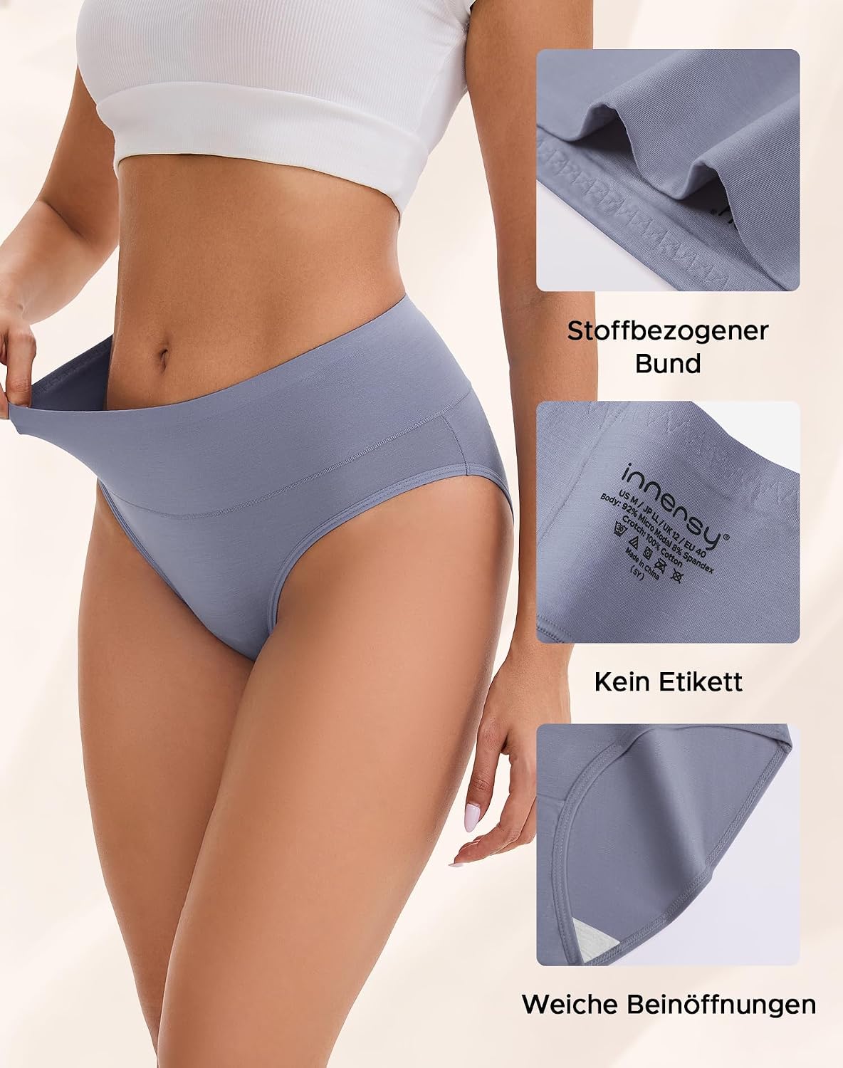 Detalle 1 de INNERSY damesonderbroeken met hoge taille, elastische modal en microvezel, 4 stuks