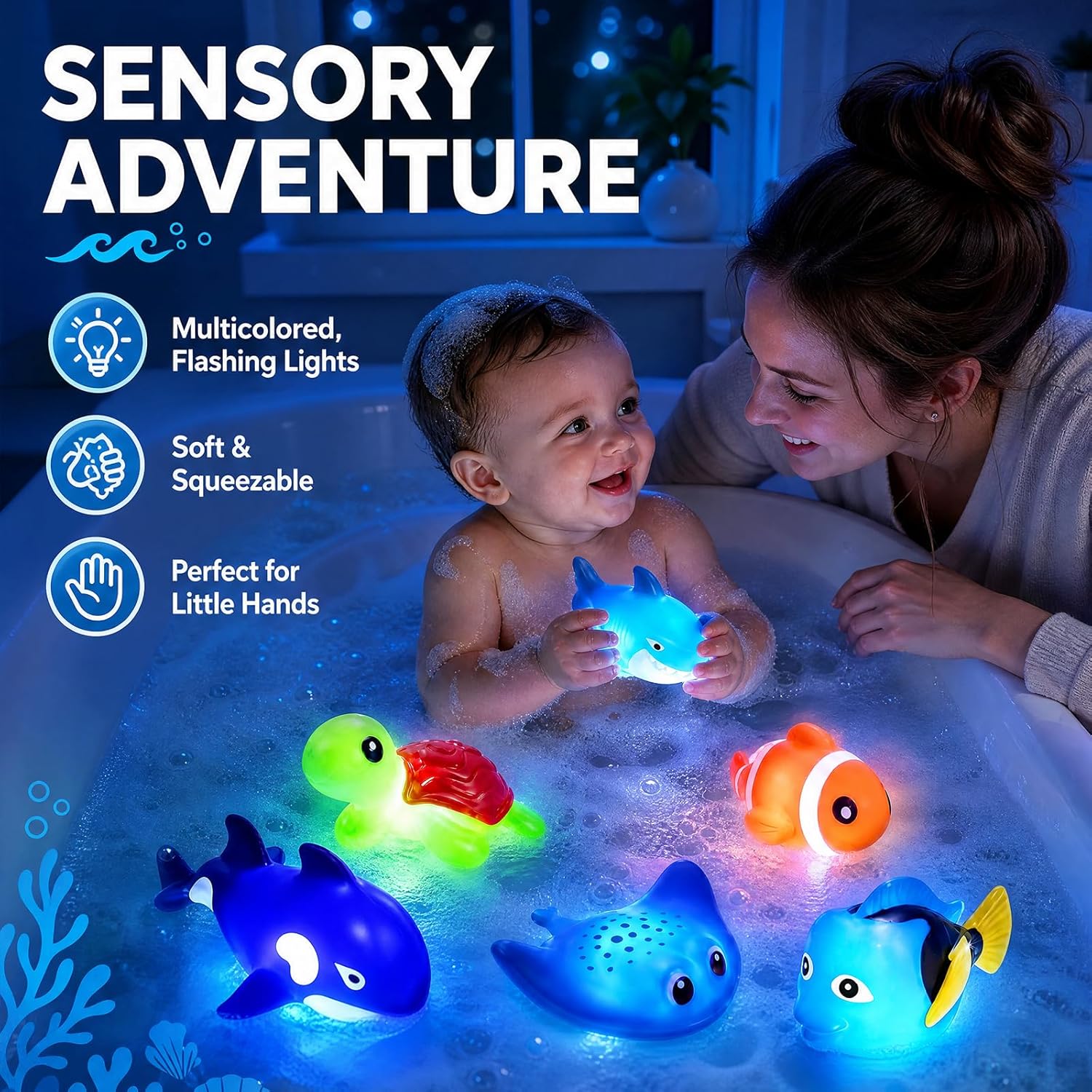 Detalle de Light Up Bath Toys – Mold-Free No-Hole, Water-Activated LED Ocean Animal Bath Toys (Water Table/ Bathtub/ Shower)