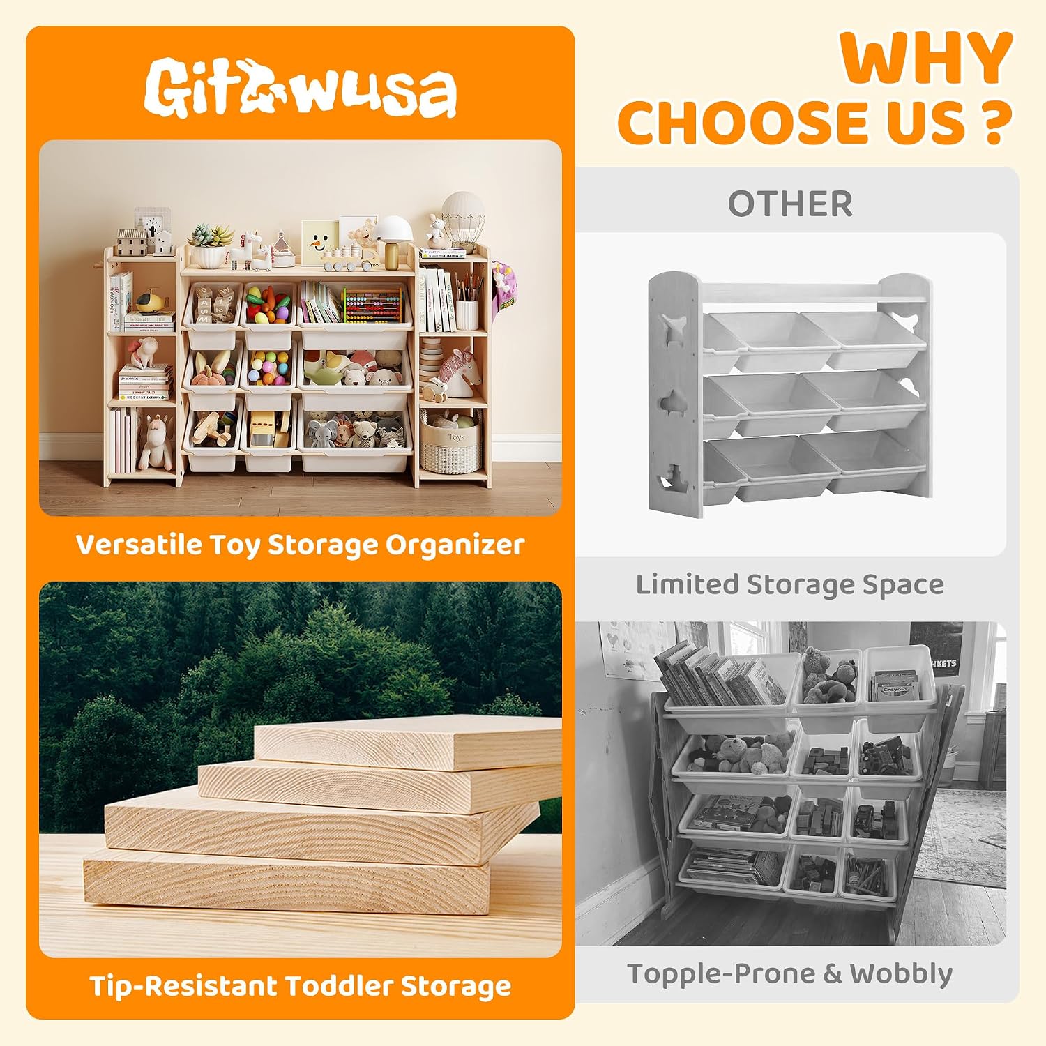 Thumbnail 2 de GITAWUSA Toy Storage Organizer, 6 Shelves, 9 Bins, 6 Hooks, 57-Inch