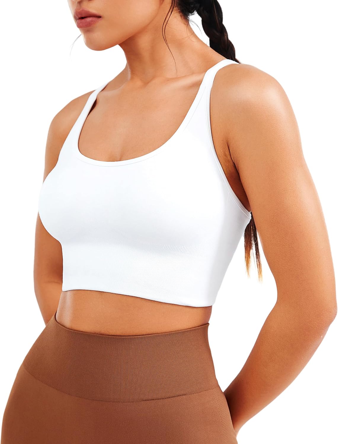Detalle de JOYSPELS Women's Seamless Longline Sports Bra – Slim Strap, 4-Way Stretch Yoga Top with Removable Pads