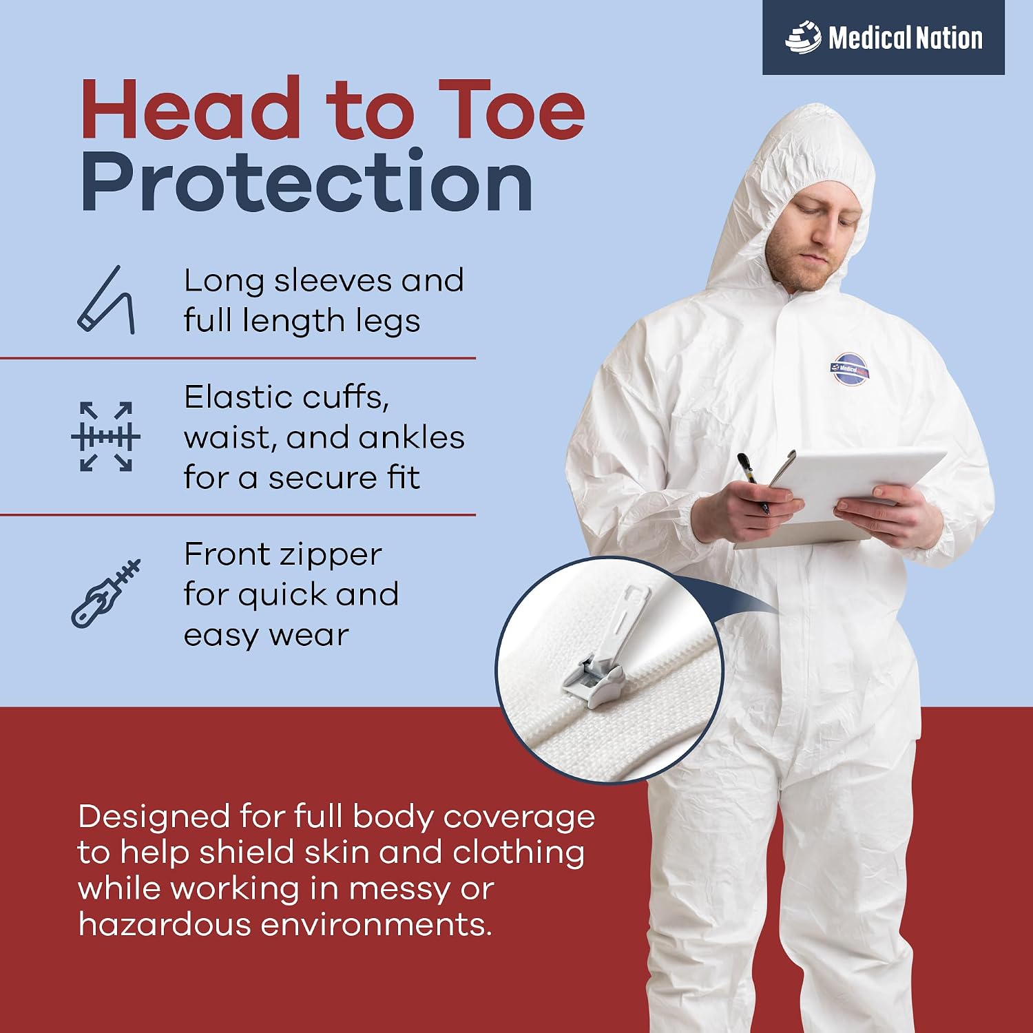 Detalle de Medical Nation Disposable Hooded Coveralls, Waterproof, Breathable, 1 or 10 Pack