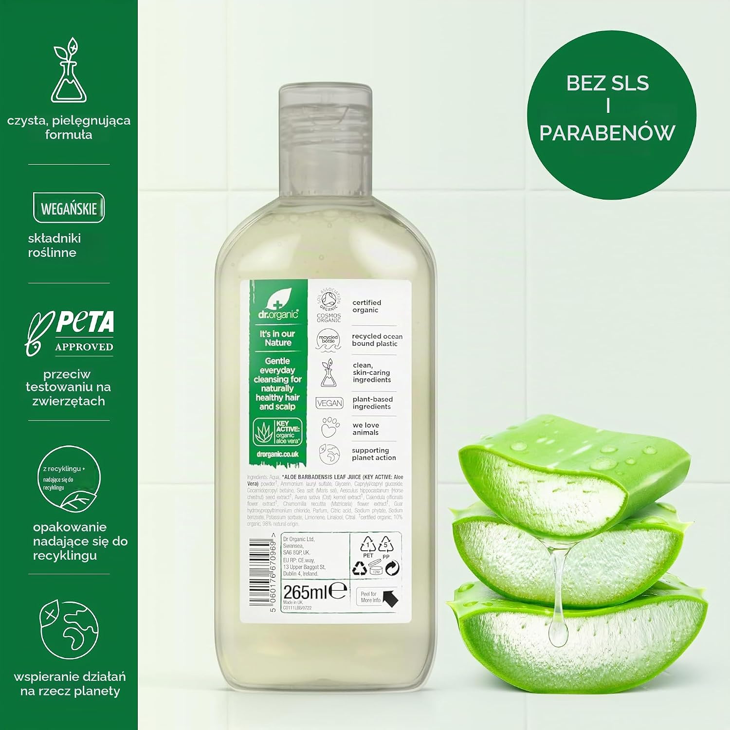 Detalle de Dr. Organic Aloe Vera – szampon do włosów suchych, 265 ml, bez parabenów