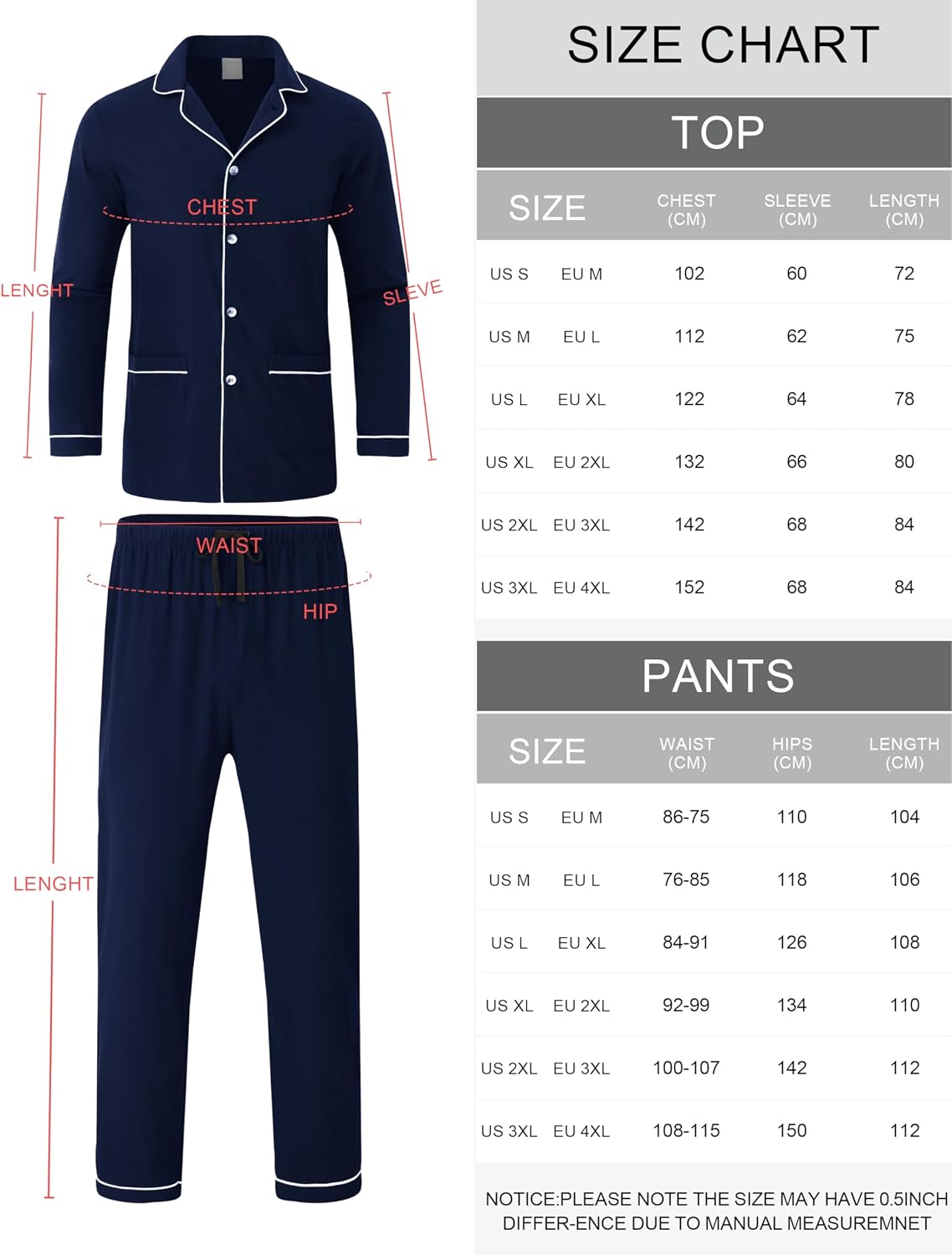 Thumbnail 6 de MoFiz Pyjama Homme Hiver en Coton – Ensemble Pyjama Boutonné, Manches Longues, Carreaux ou Uni