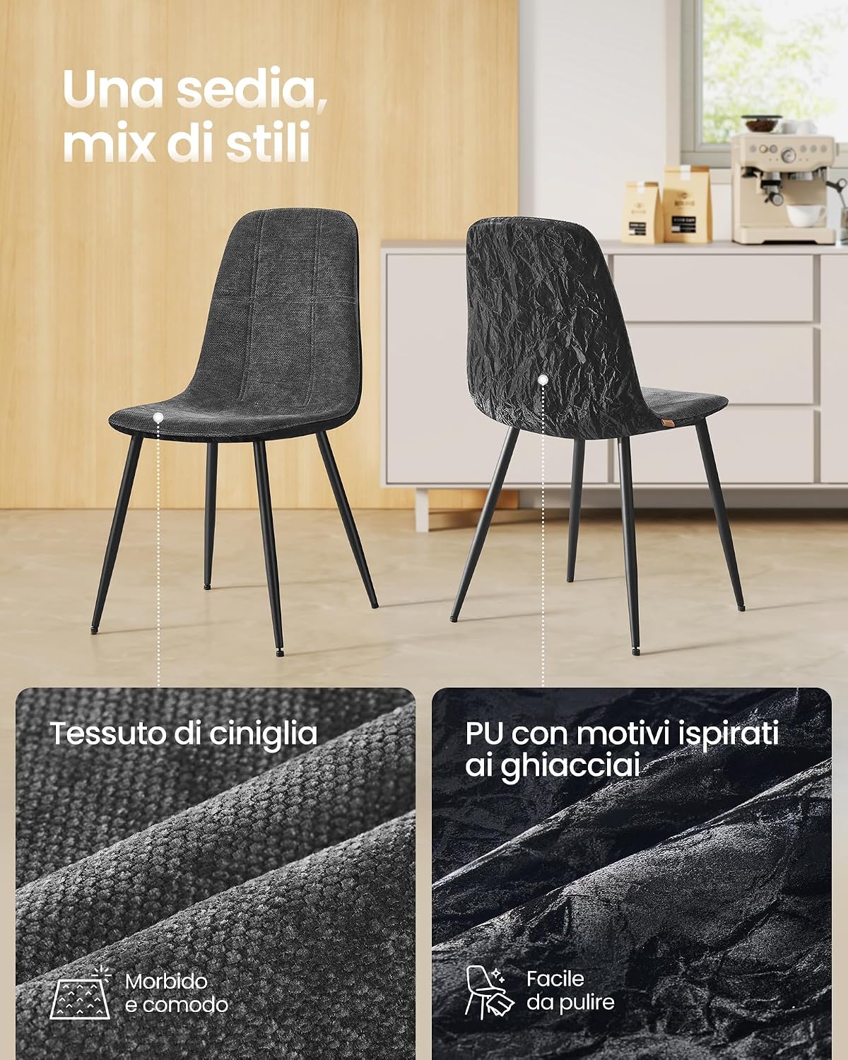 Thumbnail 3 de Set di 4 sedie da pranzo VASAGLE KDC188G01, schienale reclinabile e rivestimenti in ciniglia e PU