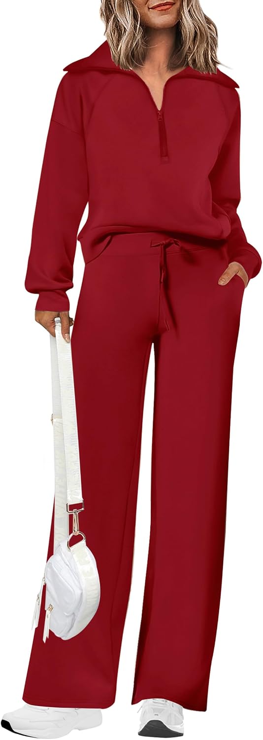 Detalle de PRETTYGARDEN Women's Two-Piece Lounge Set with Half-Zip Top and Wide-Leg Pants