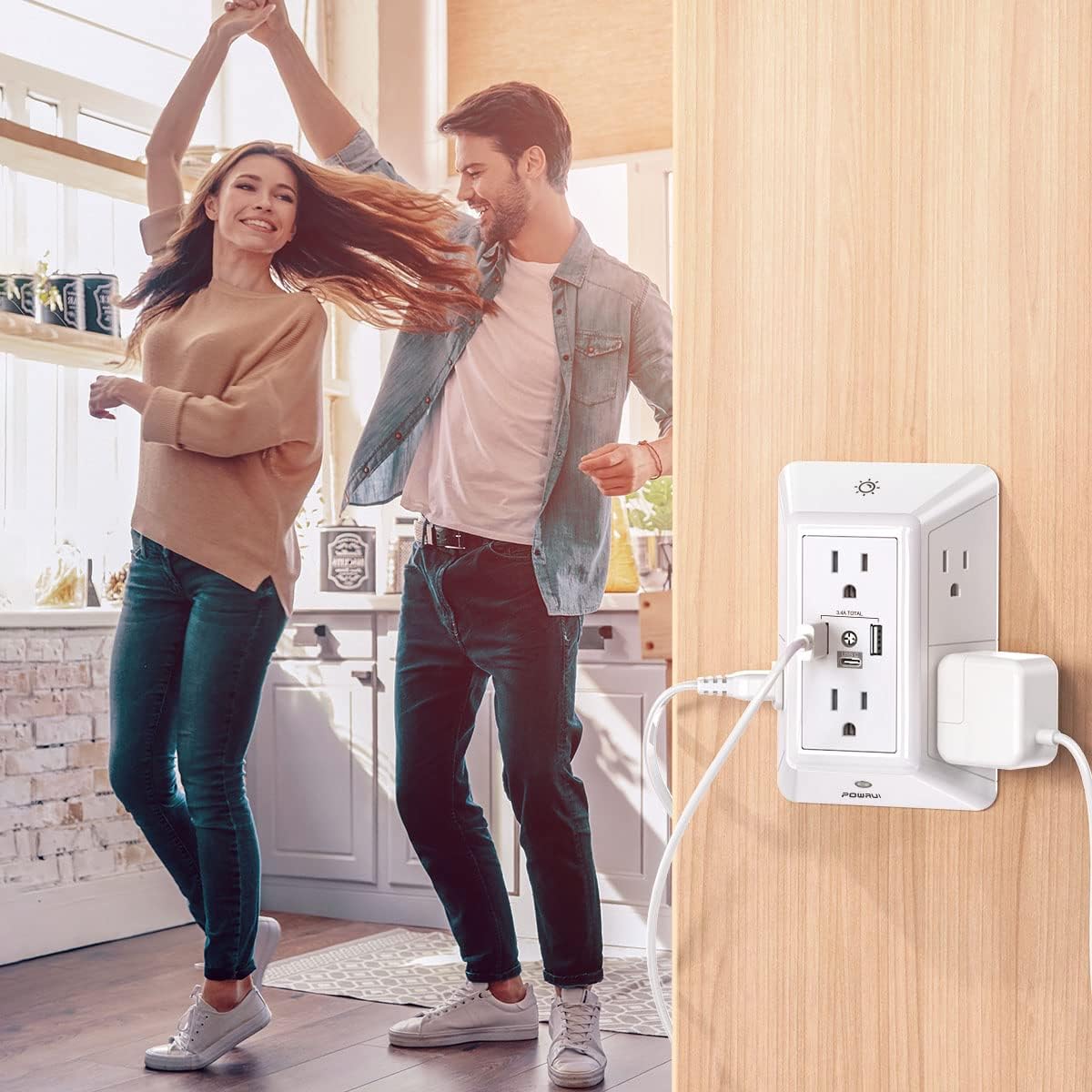 Detalle de POWRUI AHR-508 3-Sided Outlet Extender with Surge Protection, USB-C & Night Light