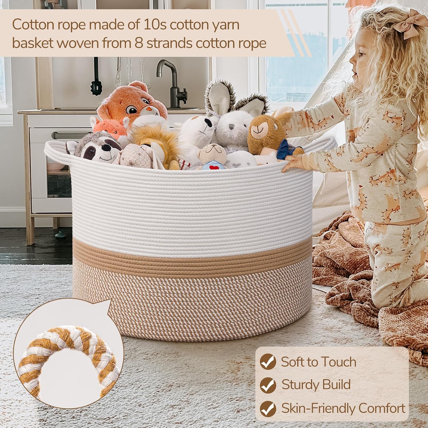 Detalle de INDRESSME 115L Woven Cotton Rope Storage Basket, White and Camel