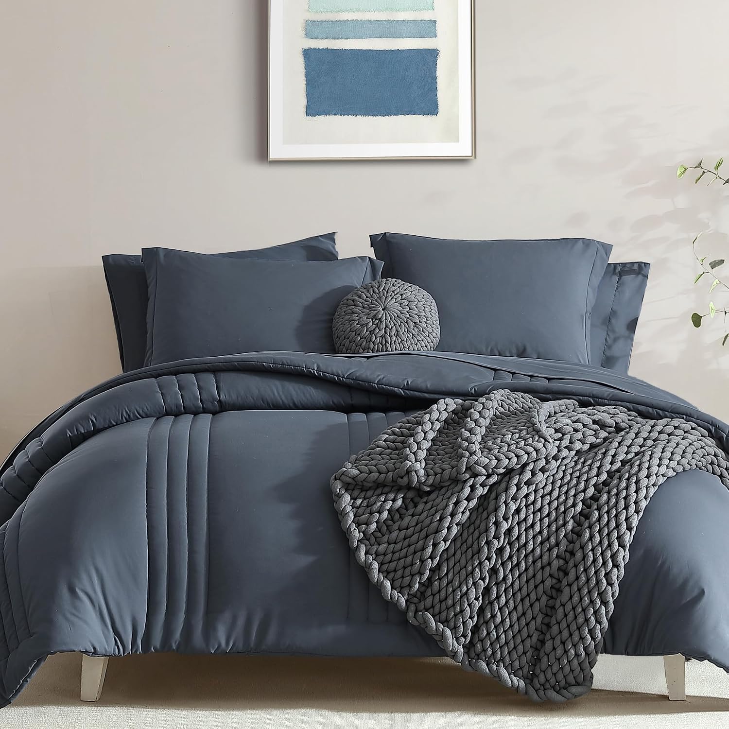 Detalle de Monbix Solid Comforter-001 Full Comforter Set, 7-Piece Blue Grey Polyester