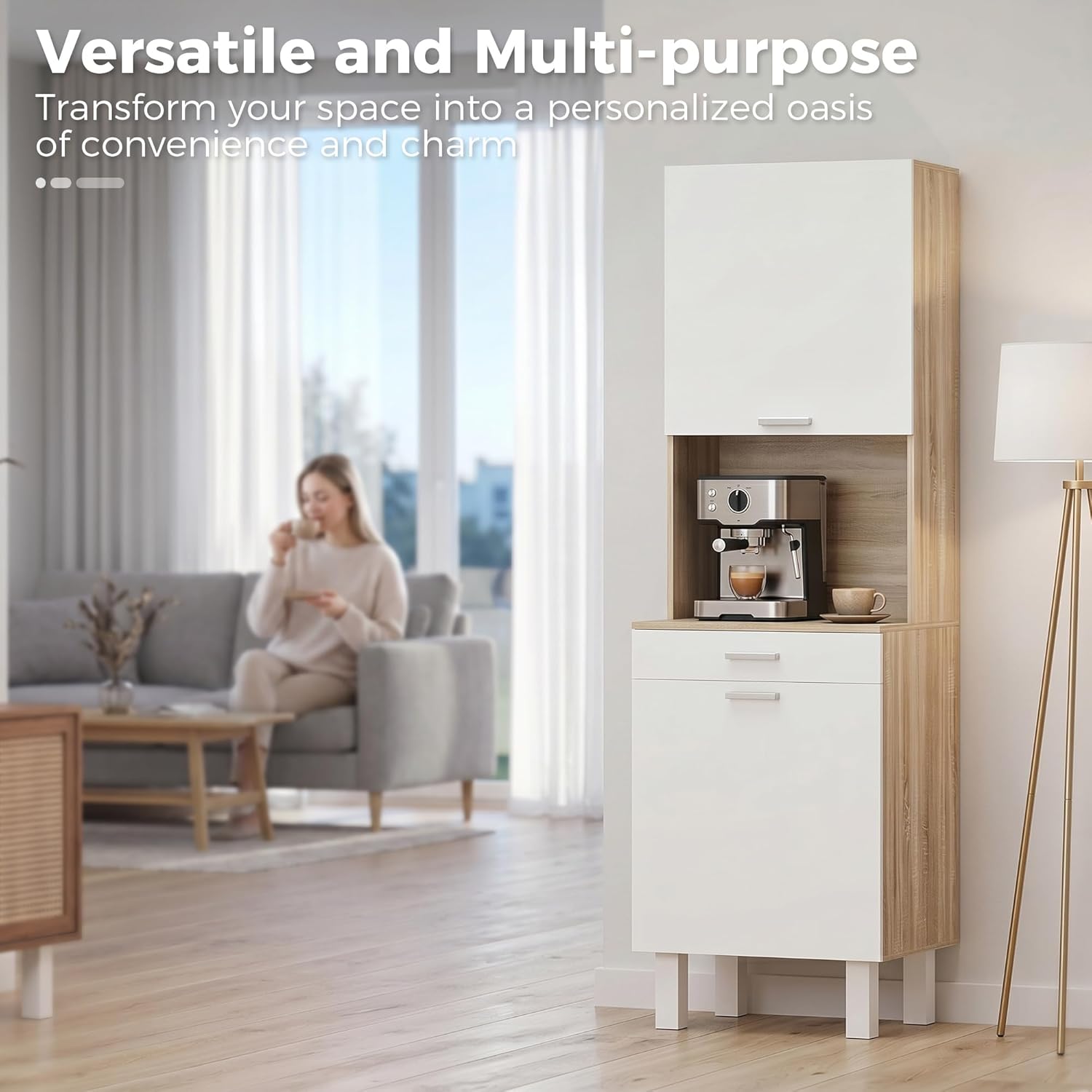 Thumbnail 3 de HOMCOM Buffet Haut Cuisine – Armoire de Cuisine 55x40x174 cm, blanc et bois naturel
