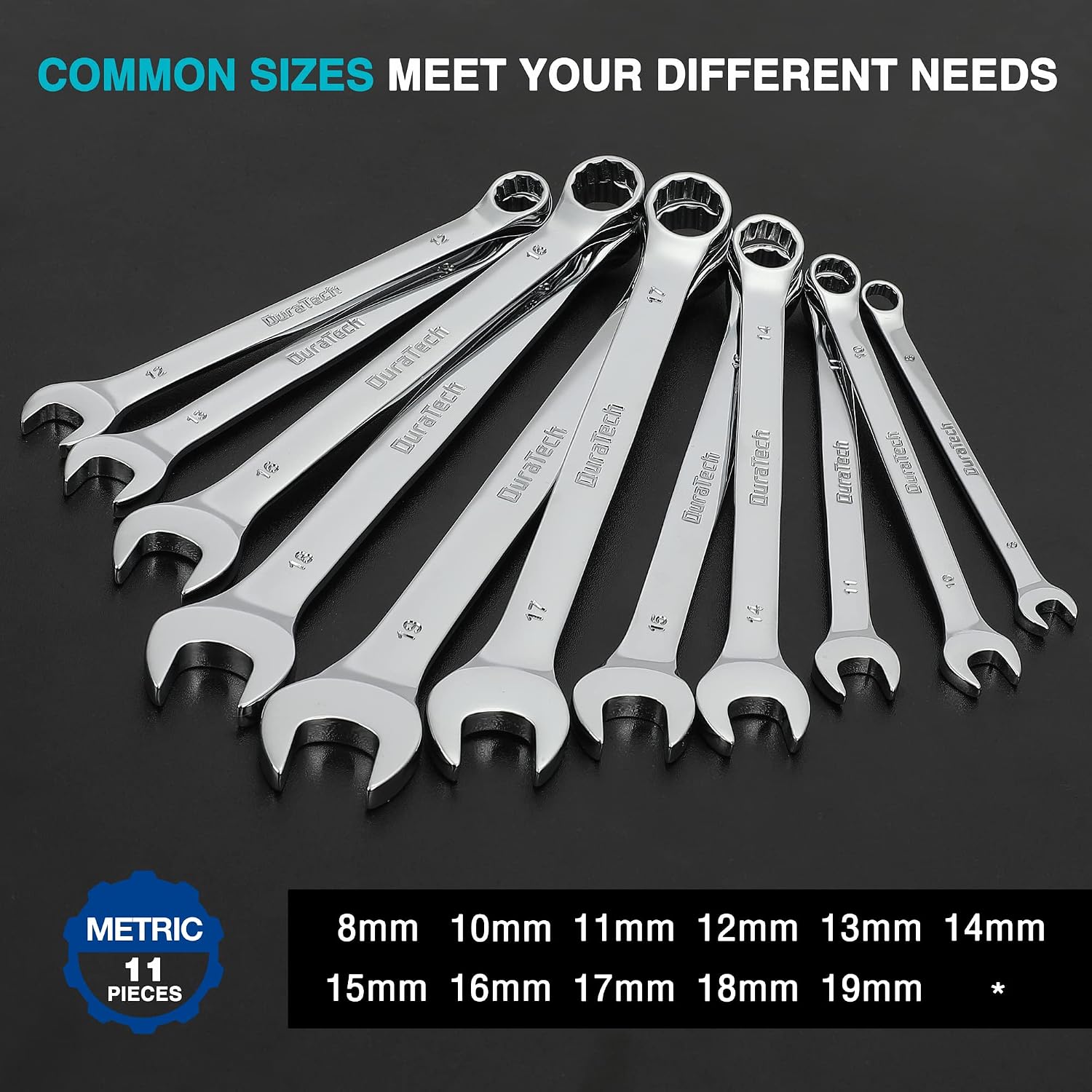 Detalle 2 de DURATECH DTCW11MAU 11-Piece Combination Spanner Set, 8–19 mm, 15° Offset