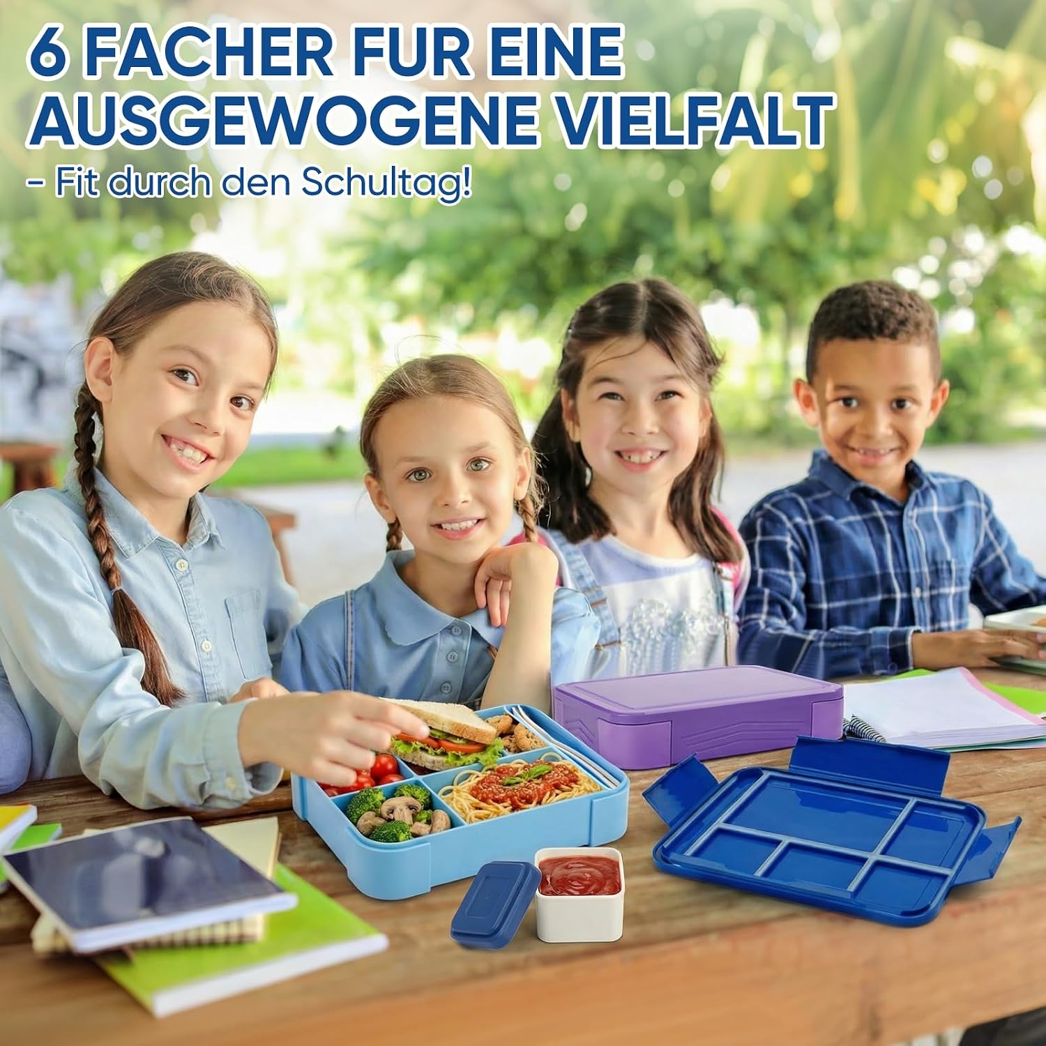 Detalle de BIBURY Brotdose Kinder mit 5 Fächern und Saucenbox, auslaufsicher (1300 ml), BPA-frei, 340 g