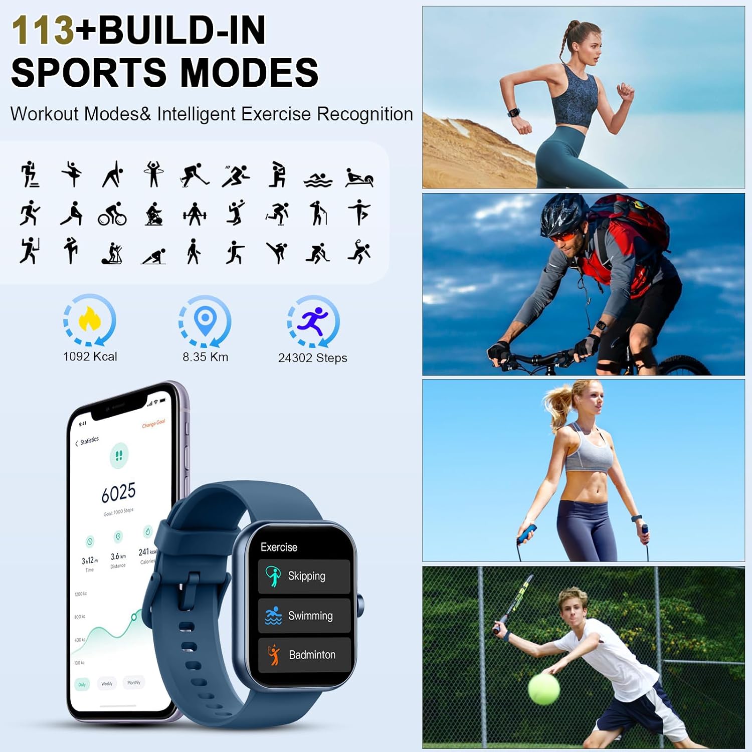 Detalle de Jugeman Smart Watch for Men & Women: 1.96-inch Calls, 113+ Sports Modes, IP68 Waterproof