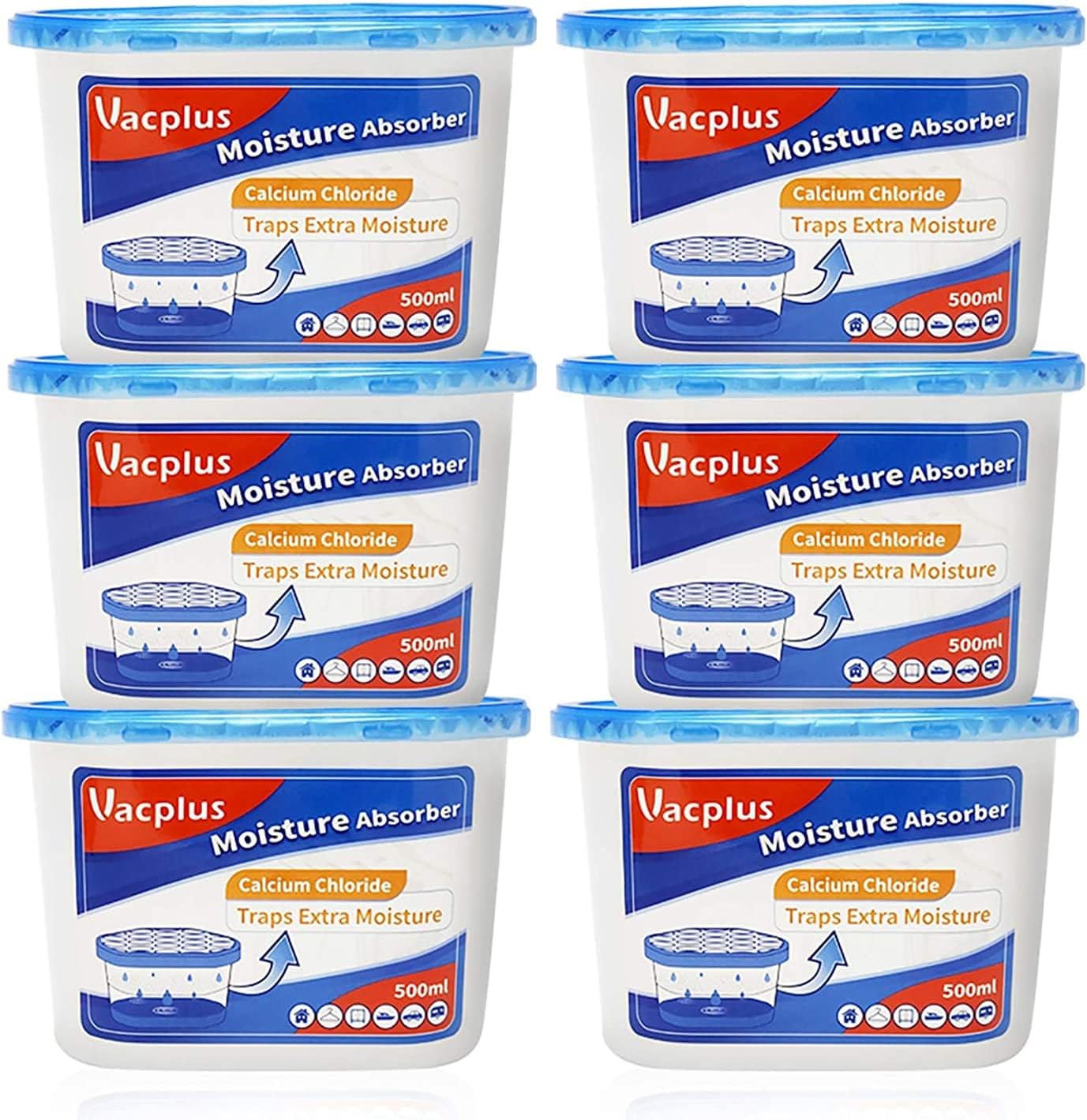 Detalle de Vacplus Moisture Absorbers 6 Pack: Portable, Fragrance-Free Dehumidifiers for Bathroom, Closet & Car