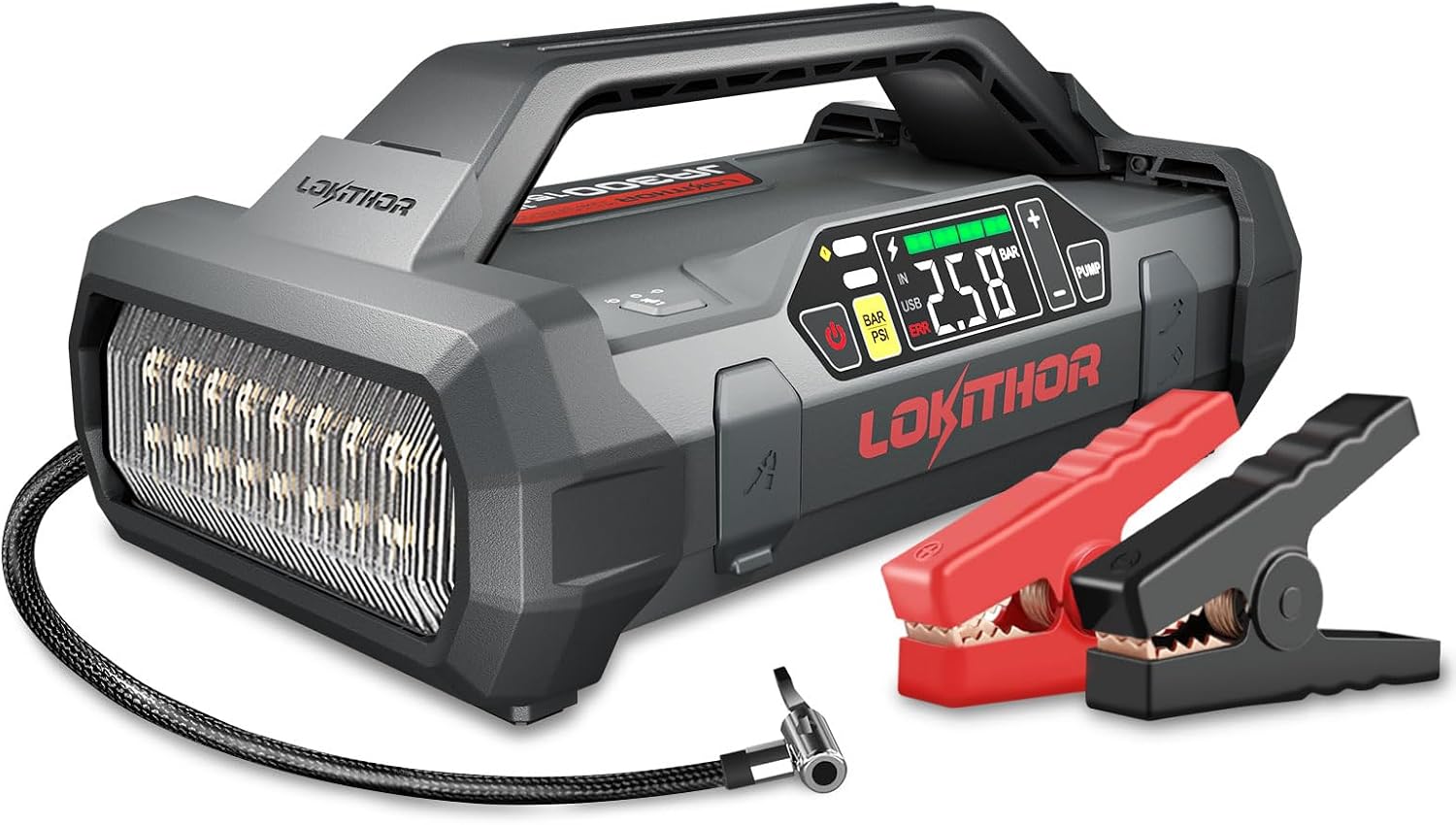 Detalle de LOKITHOR JA300 : booster 1500A avec compresseur 150 PSI et batterie 12 V externe